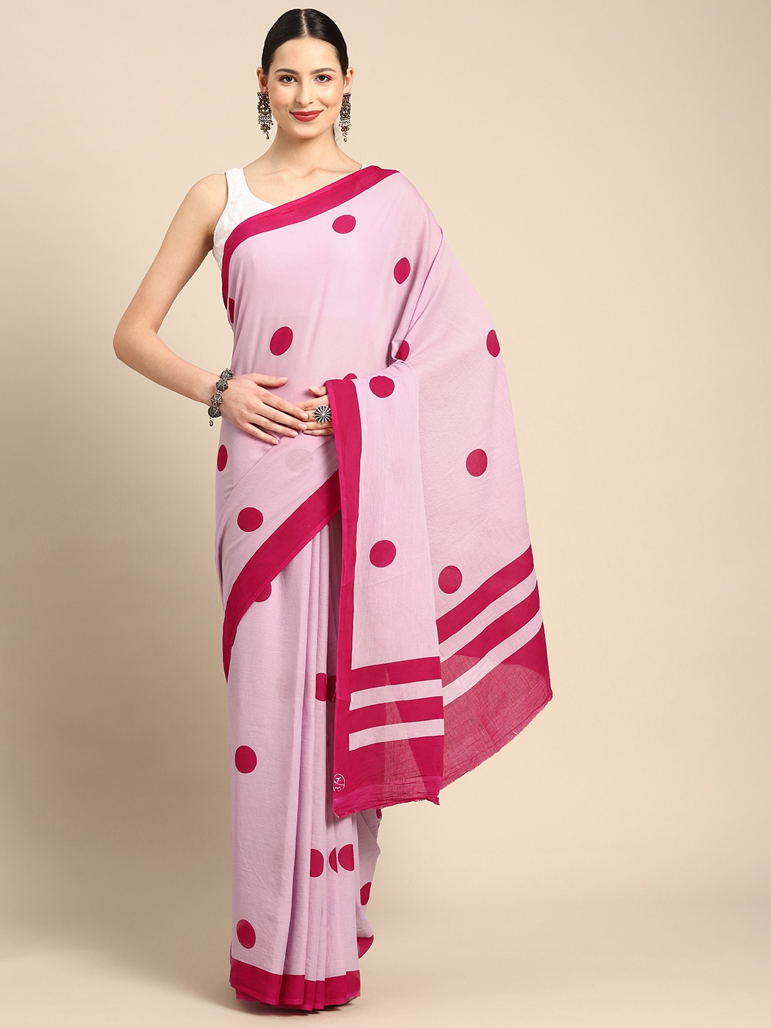

BUTA BUTI Polka Dot Printed Pure Cotton Saree, Pink