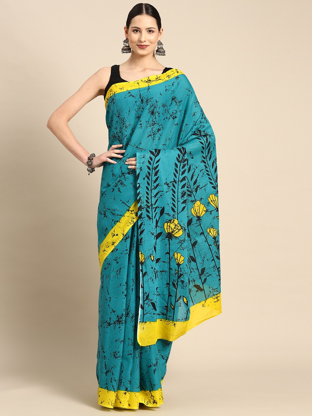 

BUTA BUTI Turquoise Blue & Yellow Pure Cotton Ready to Wear Saree