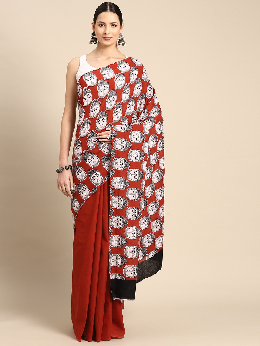 

BUTA BUTI Red & White Ethnic Motifs Pure Cotton Ready to Wear Saree