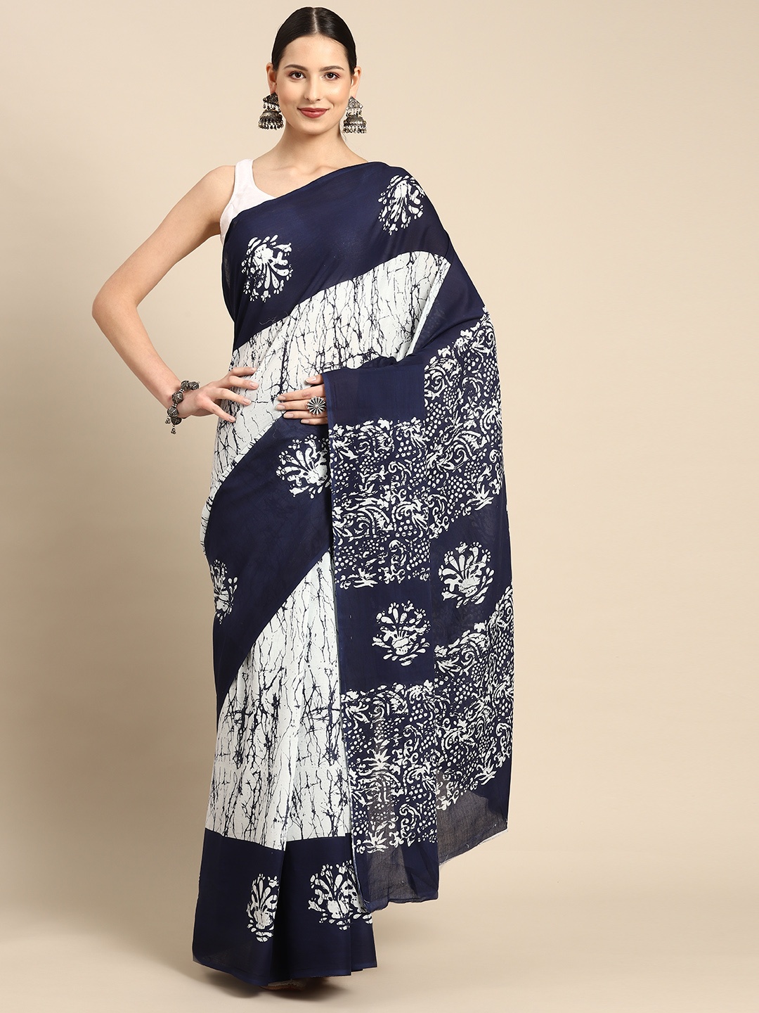 BUTA BUTI Blue & White Pure Cotton Ready to Wear Saree