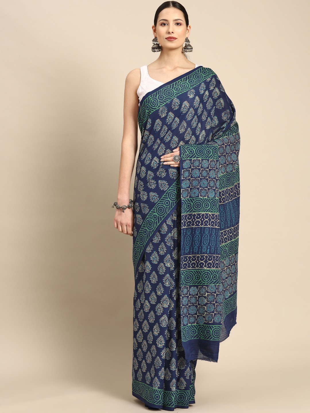 

BUTA BUTI Ethnic Motifs Printed Pure Cotton Block Print Saree, Blue