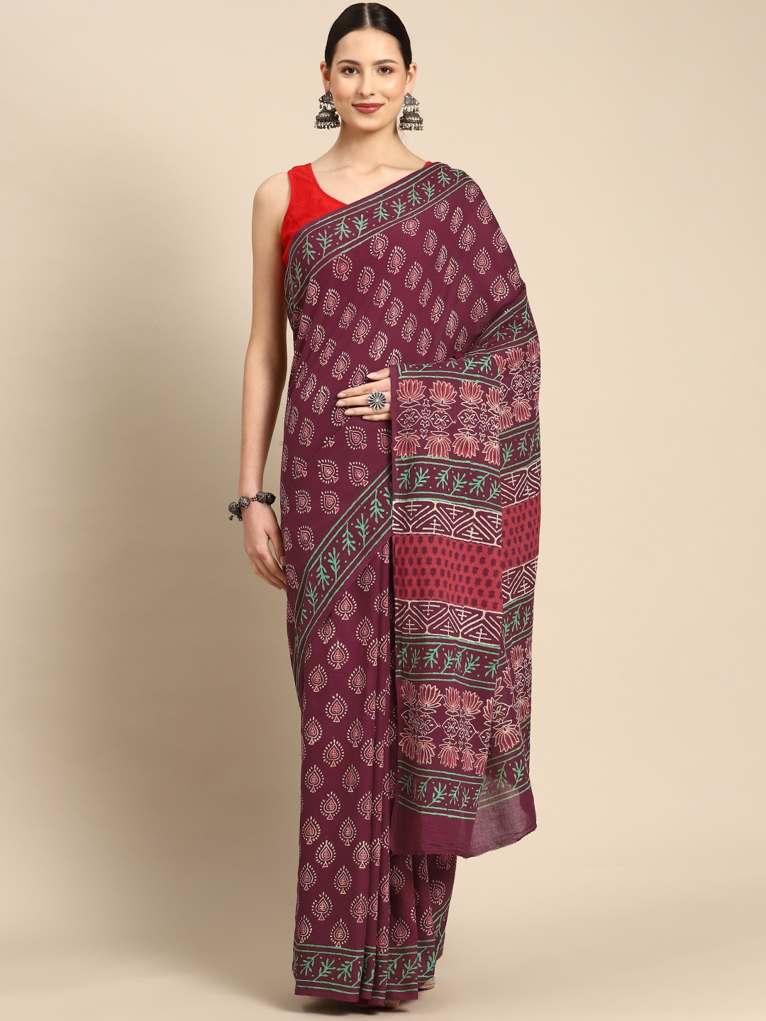 

BUTA BUTI Ethnic Motifs Printed Pure Cotton Block Print Saree, Maroon