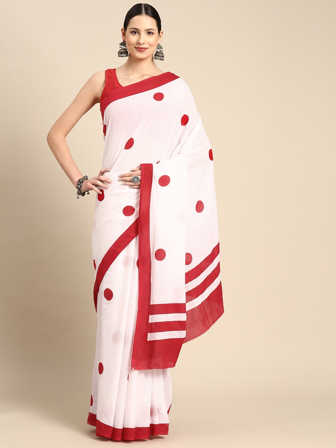 

BUTA BUTI Red & White Polka Dot Pure Cotton Ready to Wear Saree