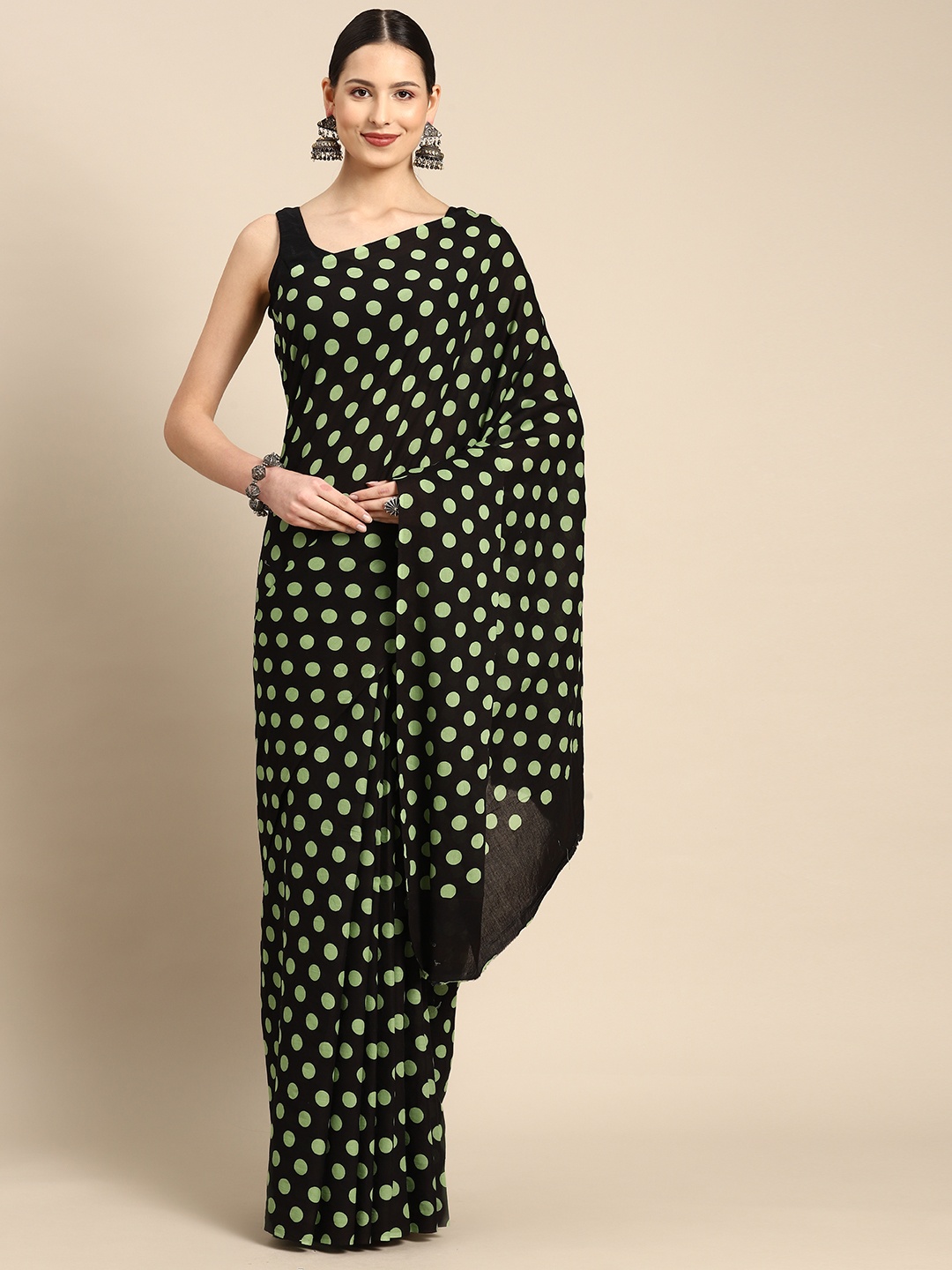 

BUTA BUTI Green & Black Polka Dot Pure Cotton Ready to Wear Saree
