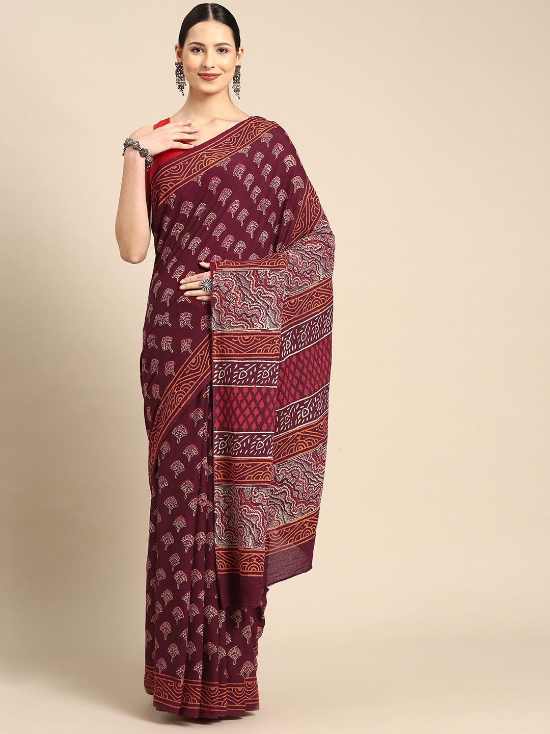 

BUTA BUTI Maroon & Orange Floral Pure Cotton Ready to Wear Block Print Saree