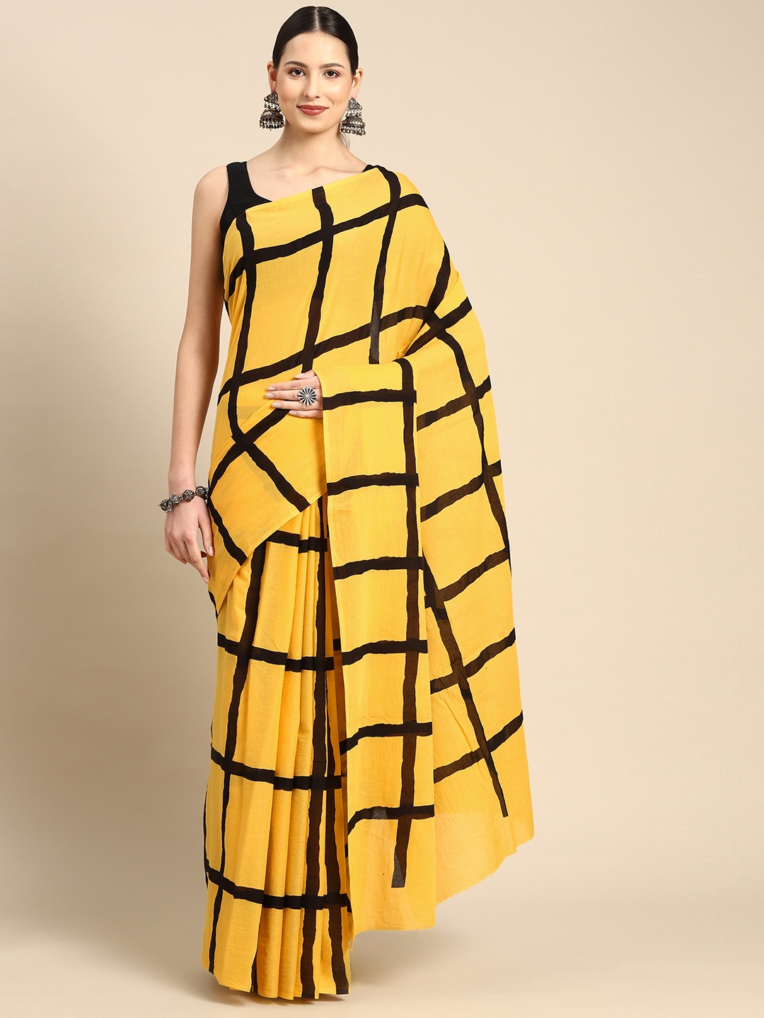 

BUTA BUTI Yellow & Black Checked Pure Cotton Ready to Wear Saree