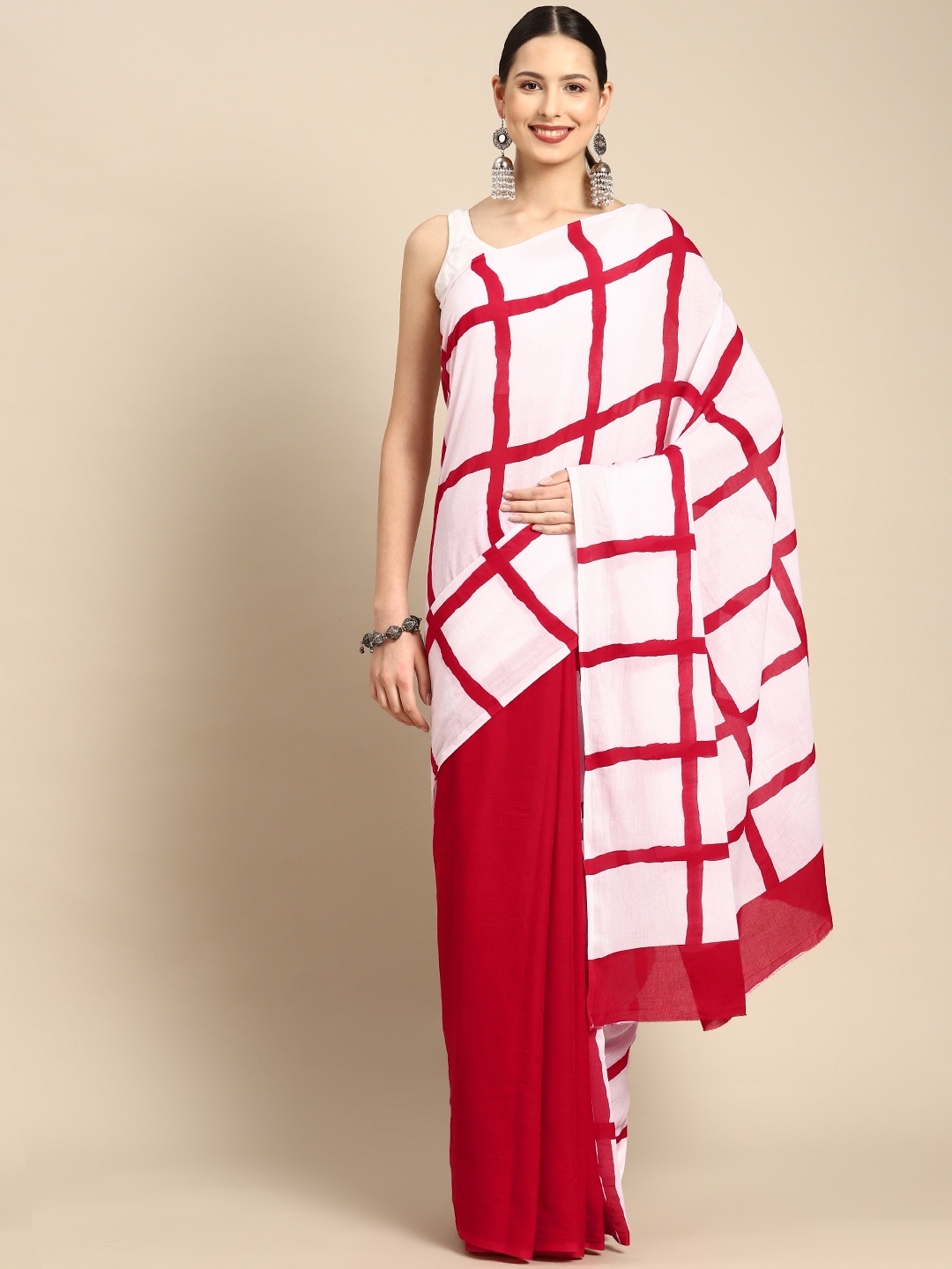 

BUTA BUTI Checked Pure Cotton Saree, Red