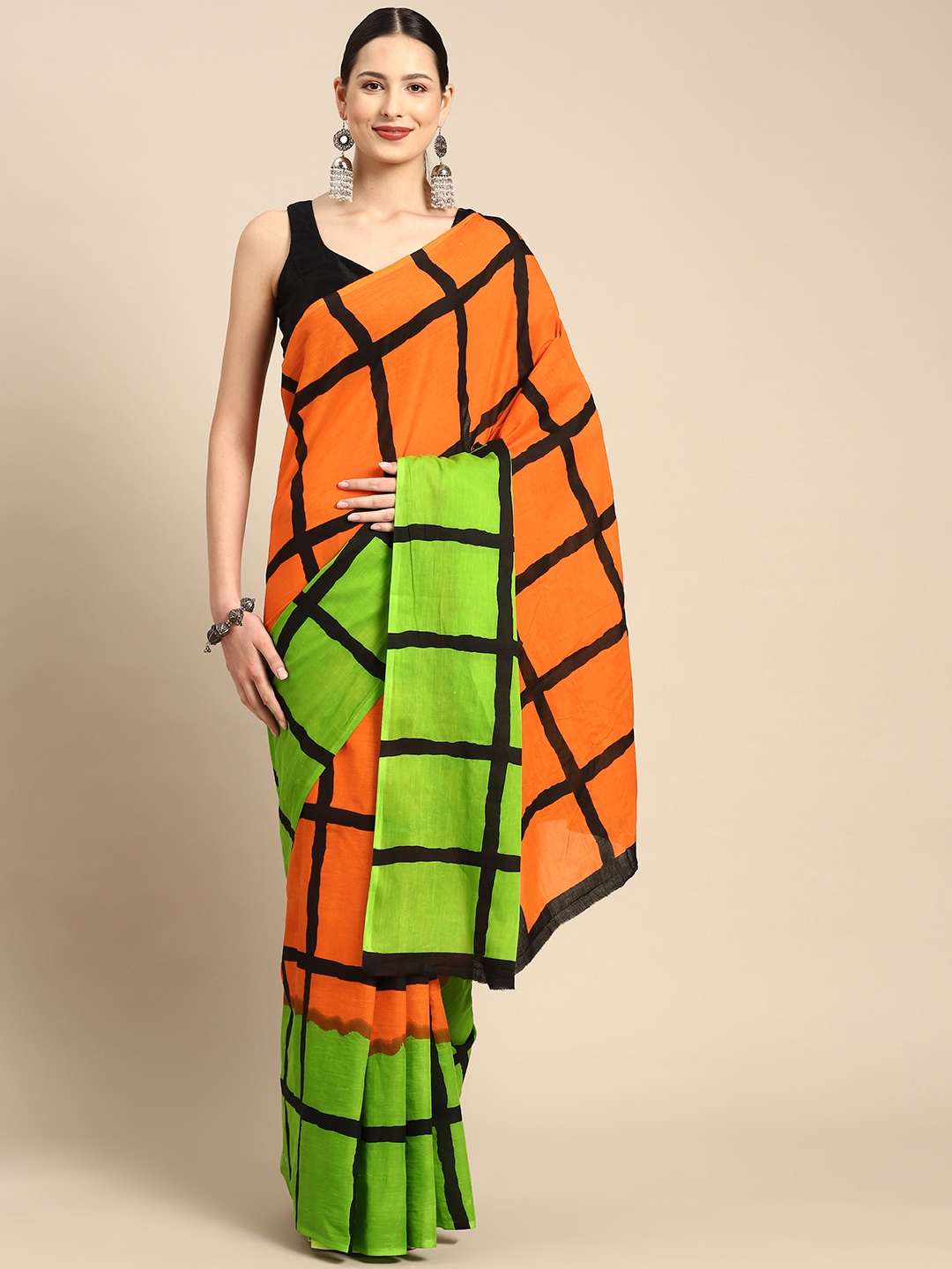

BUTA BUTI Checked Pure Cotton Saree, Green