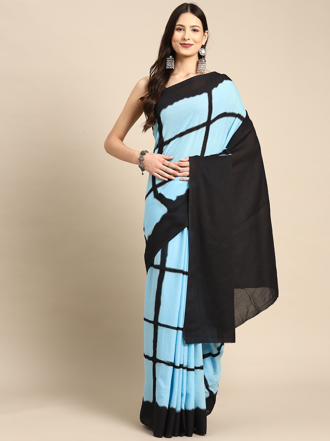 

BUTA BUTI Checked Pure Cotton Saree, Turquoise blue