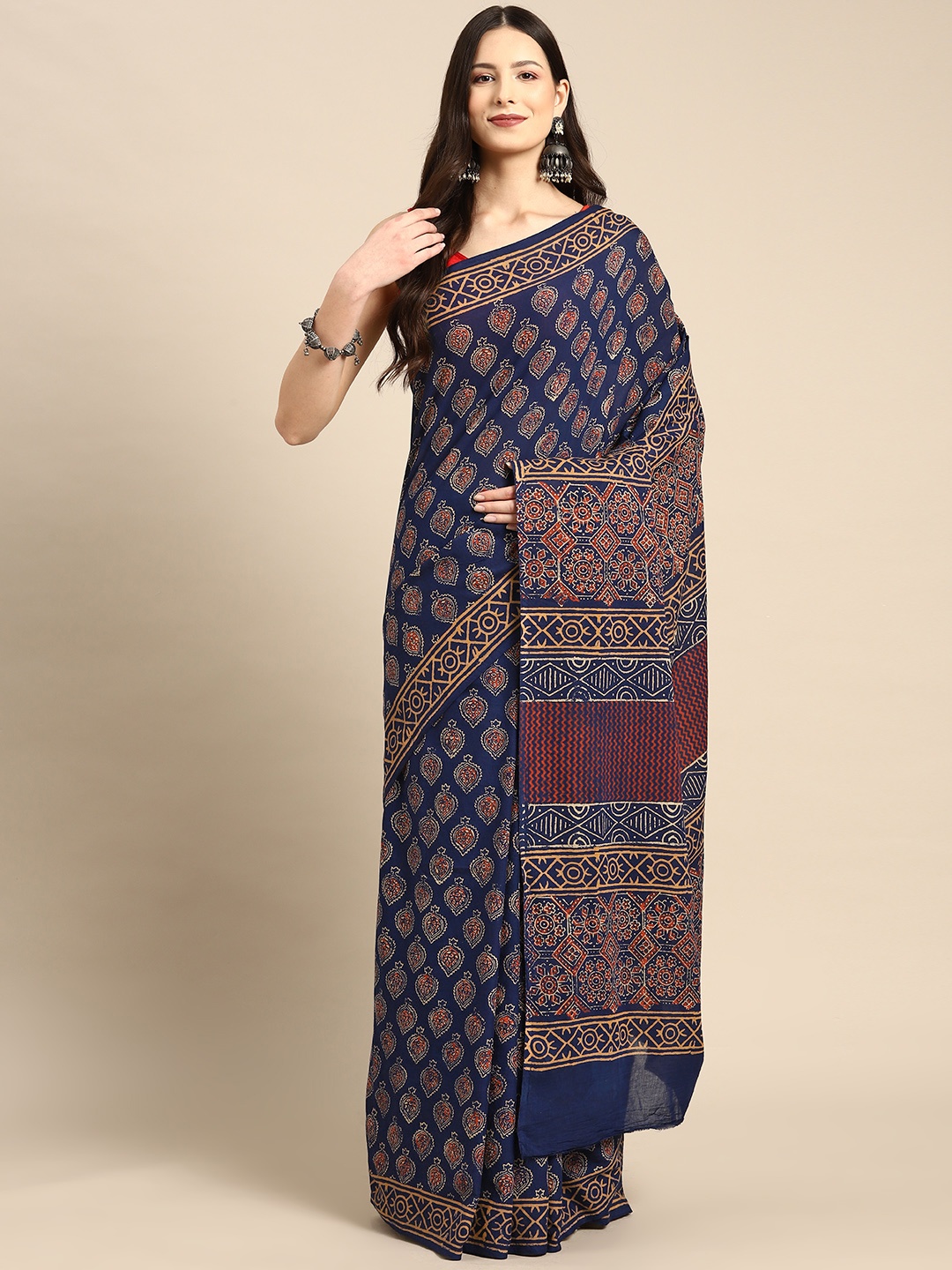 

BUTA BUTI Ethnic Motifs Pure Cotton Block Print Saree, Navy blue