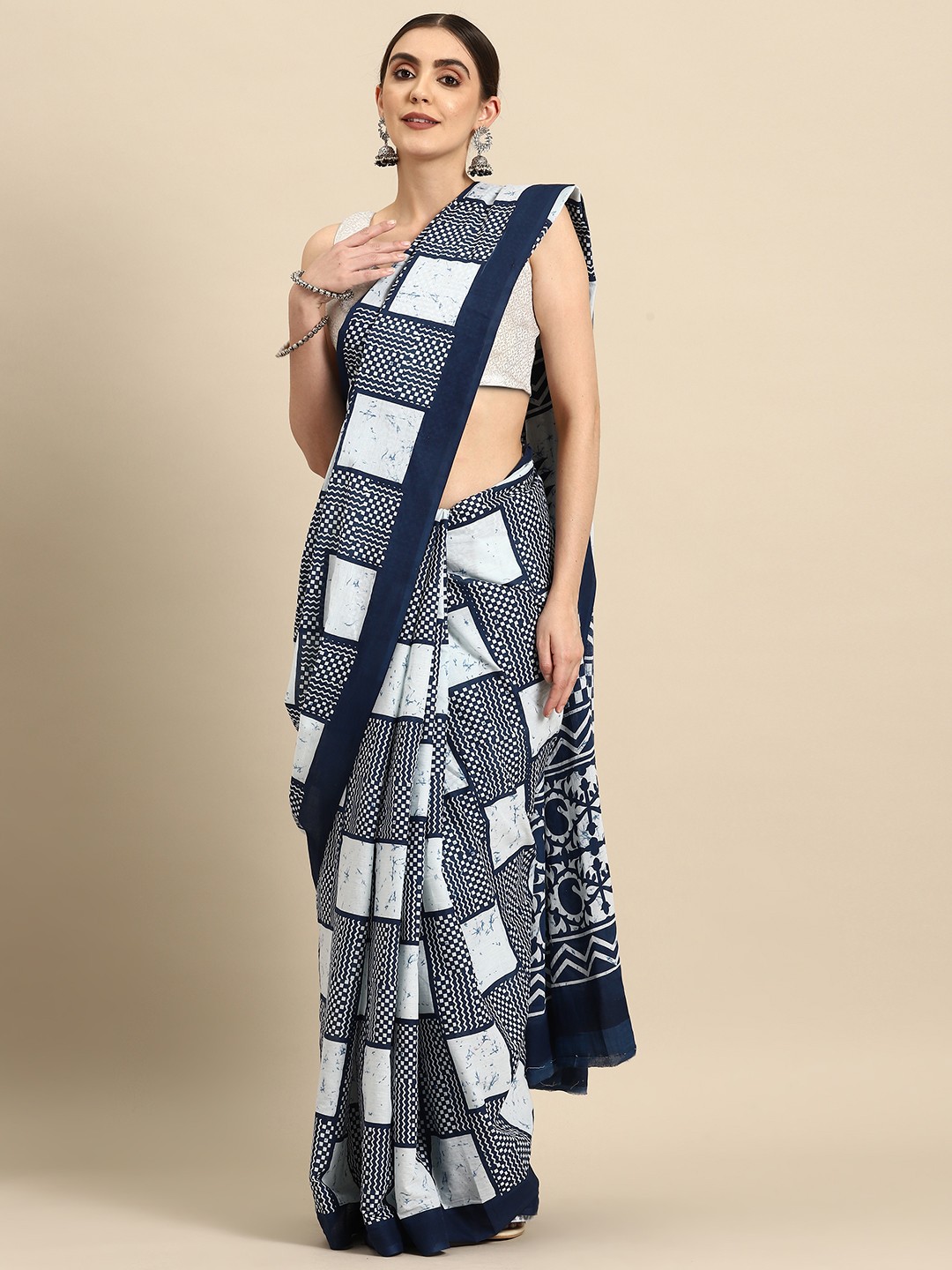 

BUTA BUTI Geometric Printed Pure Cotton Saree, Blue