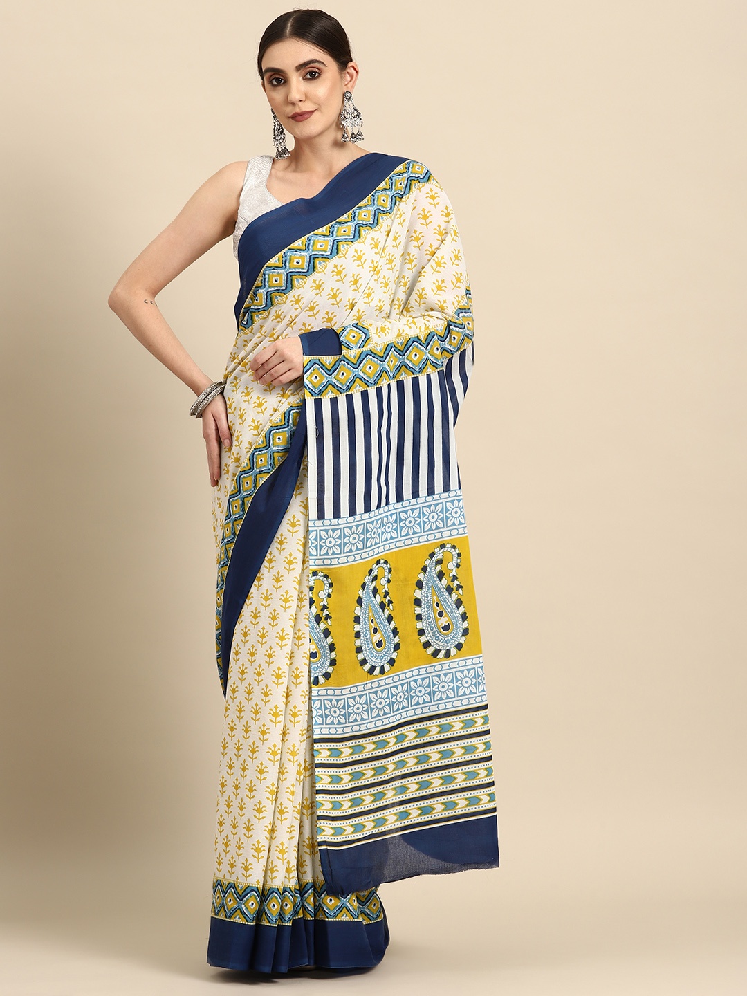

BUTA BUTI Floral Pure Cotton Block Print Saree, Yellow