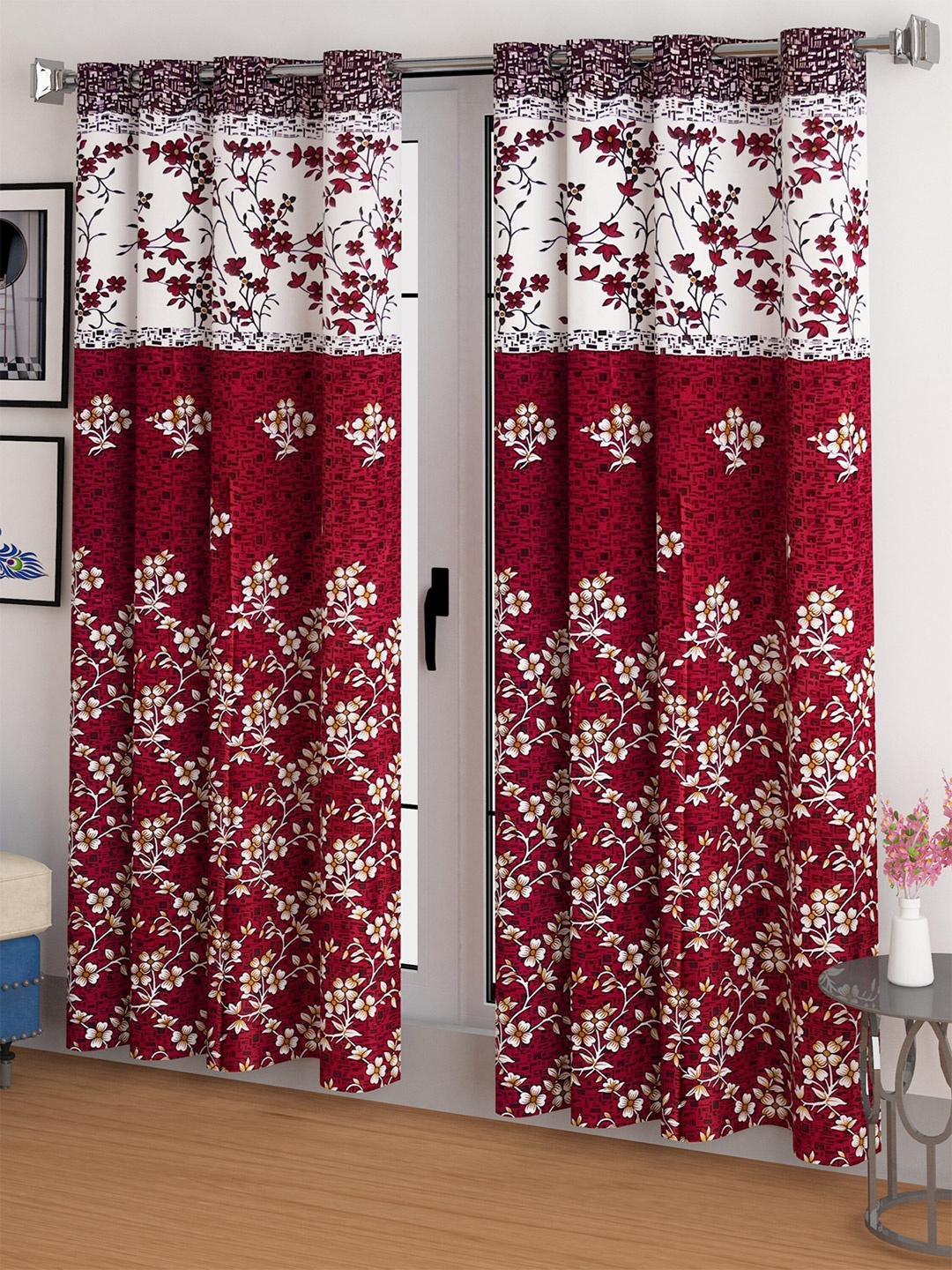 

CG HOMES 2 Pieces Red & White Floral Door Curtains