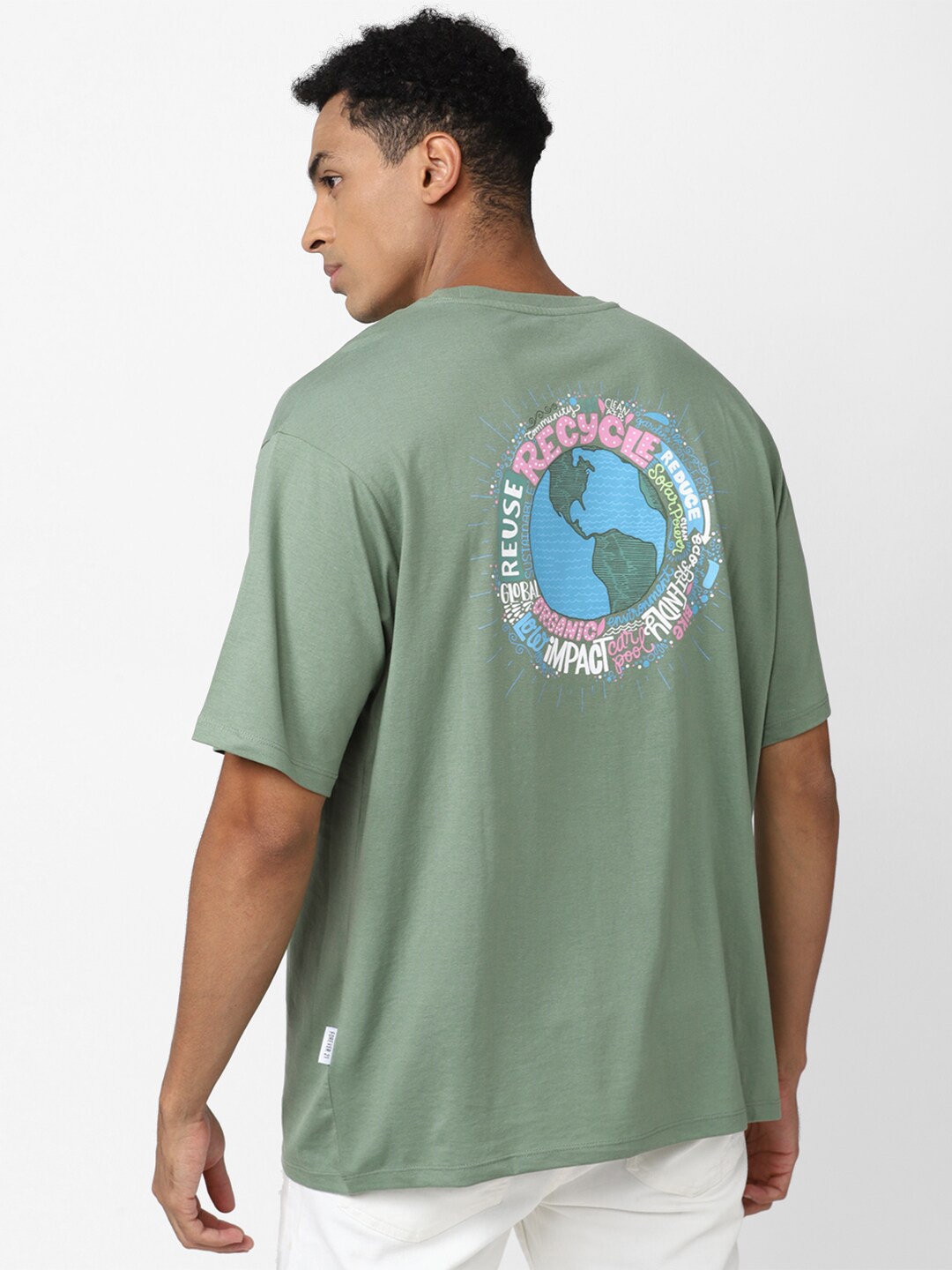

FOREVER 21 Typography Printed Drop Shoulder Sleeves Loose Fit T-shirt, Green