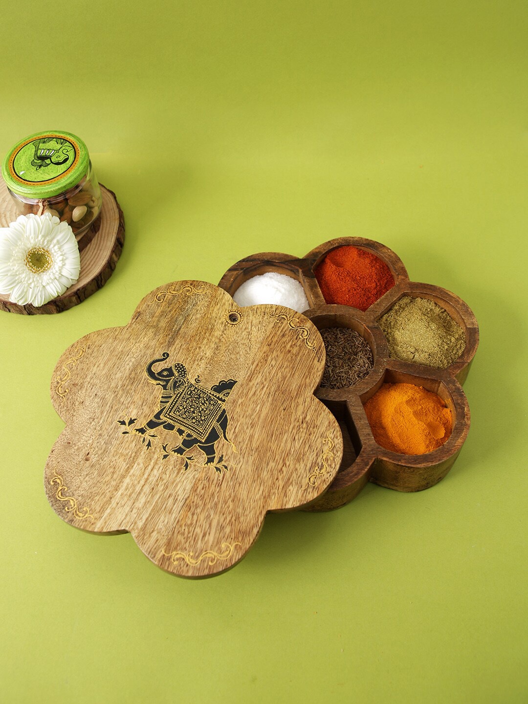 

Aapno Rajasthan Brown Wooden Spice Box With Engraved Elephant design