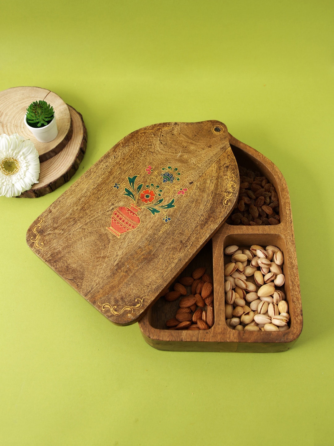 

Aapno Rajasthan Brown Floral Engraved Wooden Dry Fruit Box With 4 Sections
