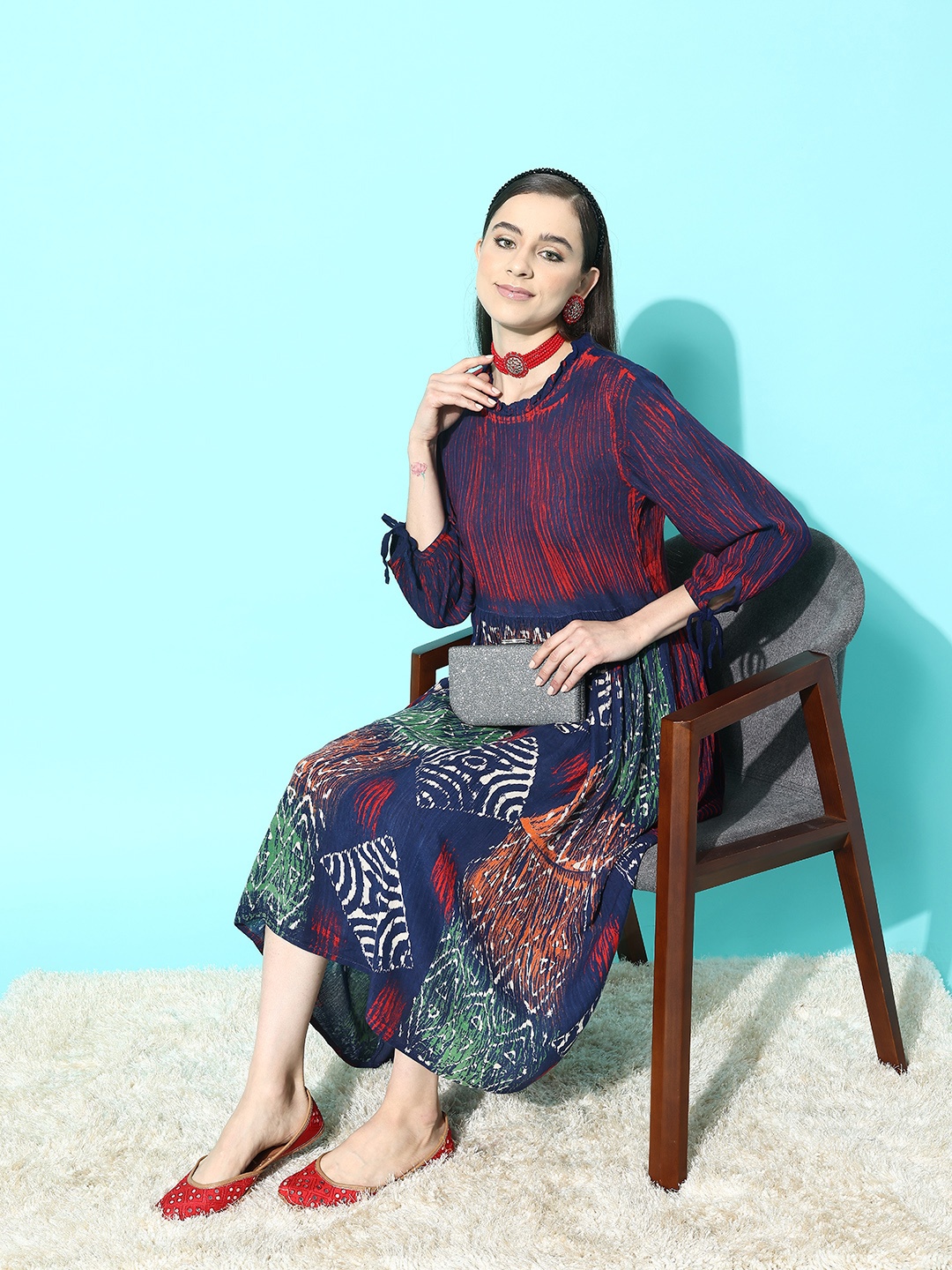 

Indo Era Blue & White Block Print Dyed Puff Sleeves A-Line Midi Dress
