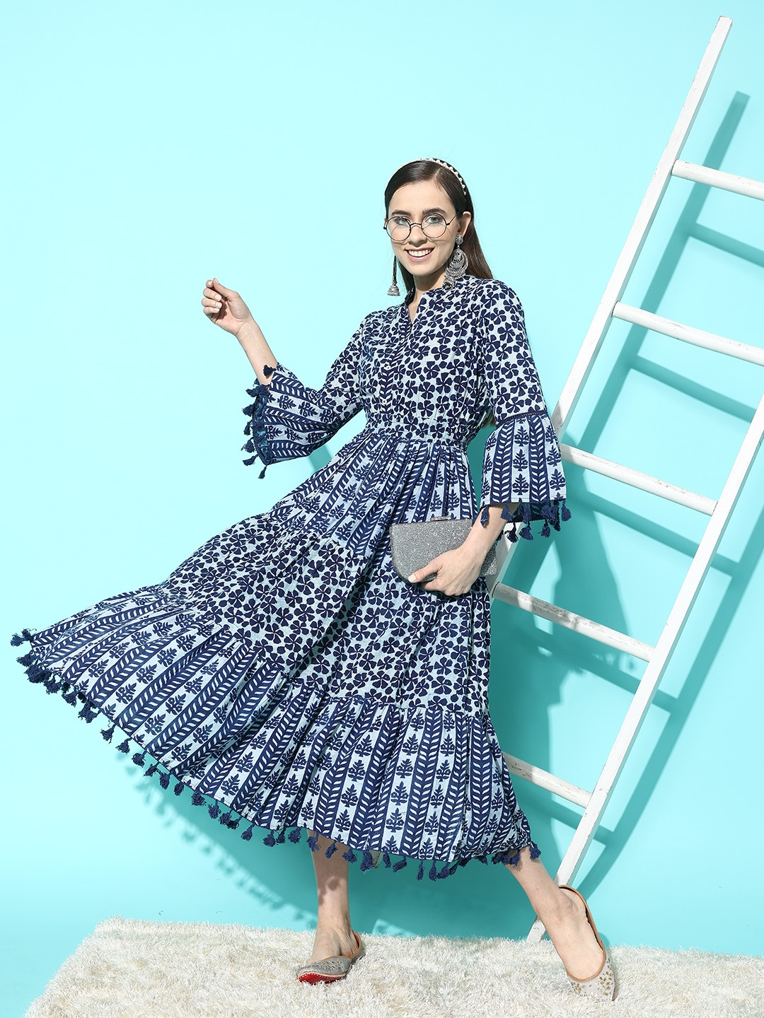 

Indo Era Navy Blue Floral Print Bell Sleeves with Pom-Pom Detail Fit & Flare Midi Dress