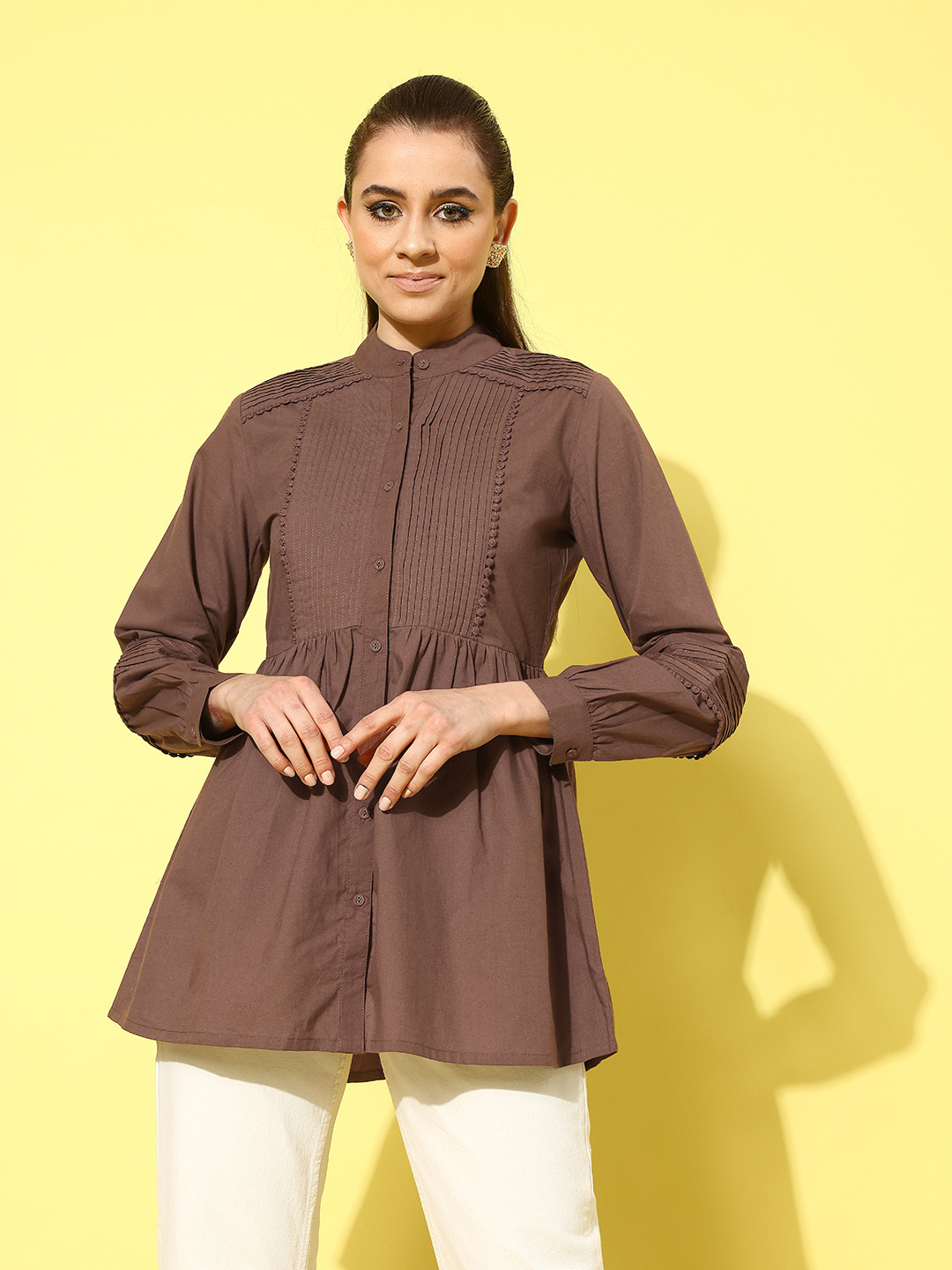 

Indo Era Mandarin Collar Puff Sleeve Top, Brown
