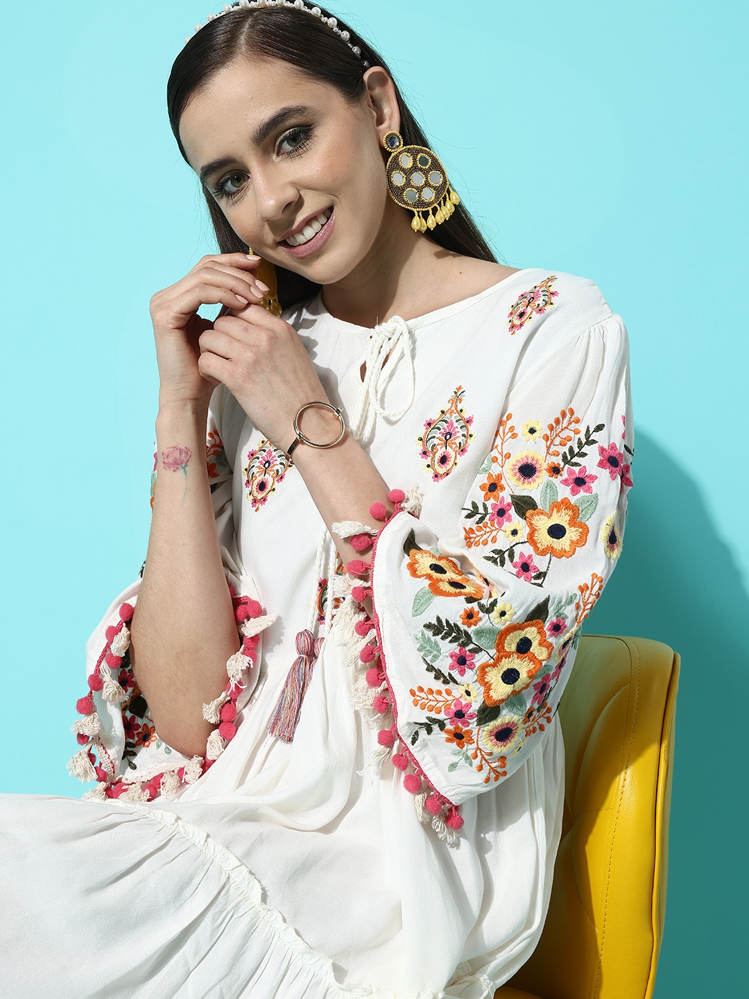 

Indo Era White & Red Floral Embroidered Flared Sleeve with Pom-Pom Detail A-Line Dress