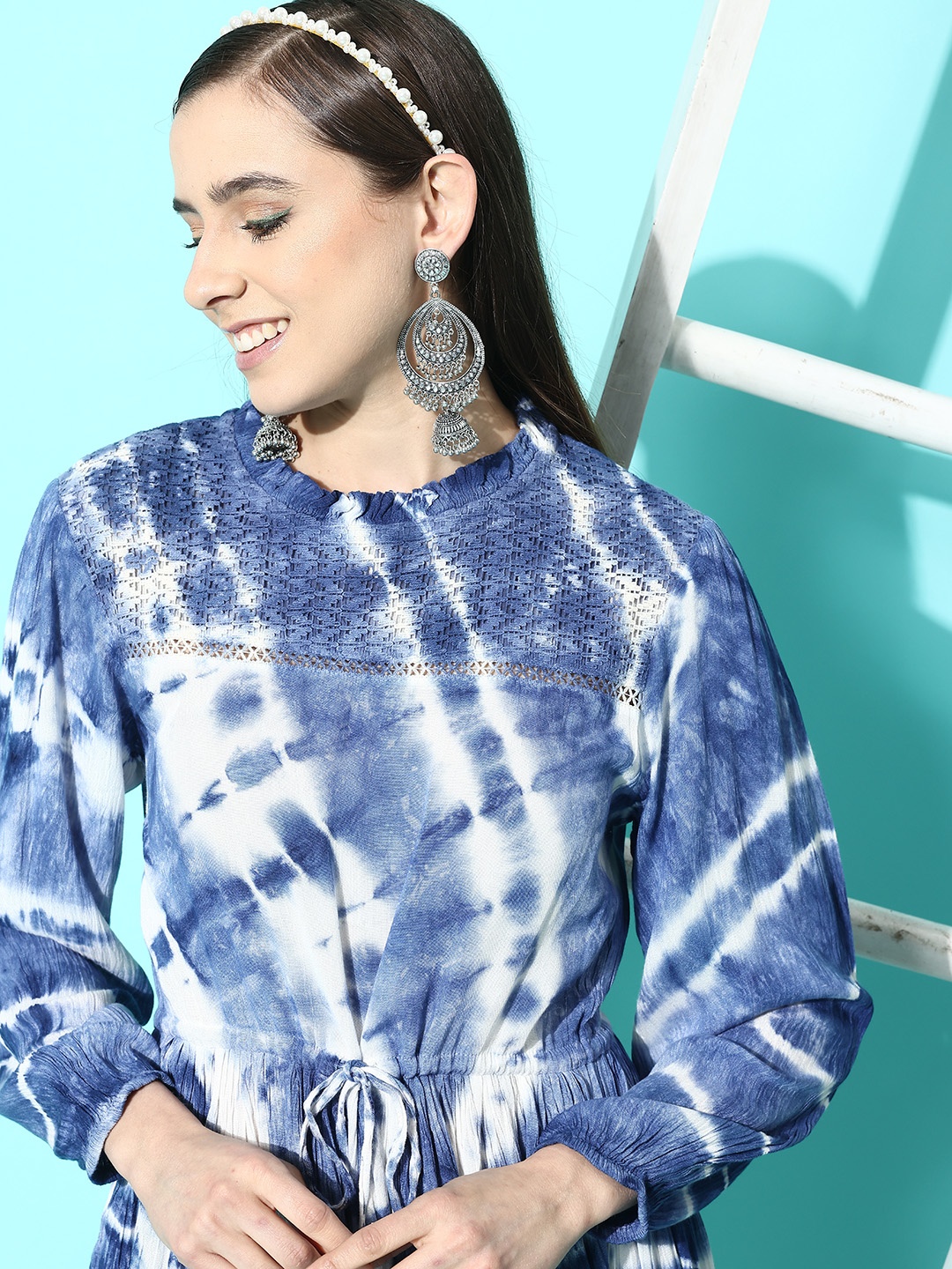 

Indo Era Blue & White Tie & Dye Puff Sleeves Fit & Flare Ethnic Dress