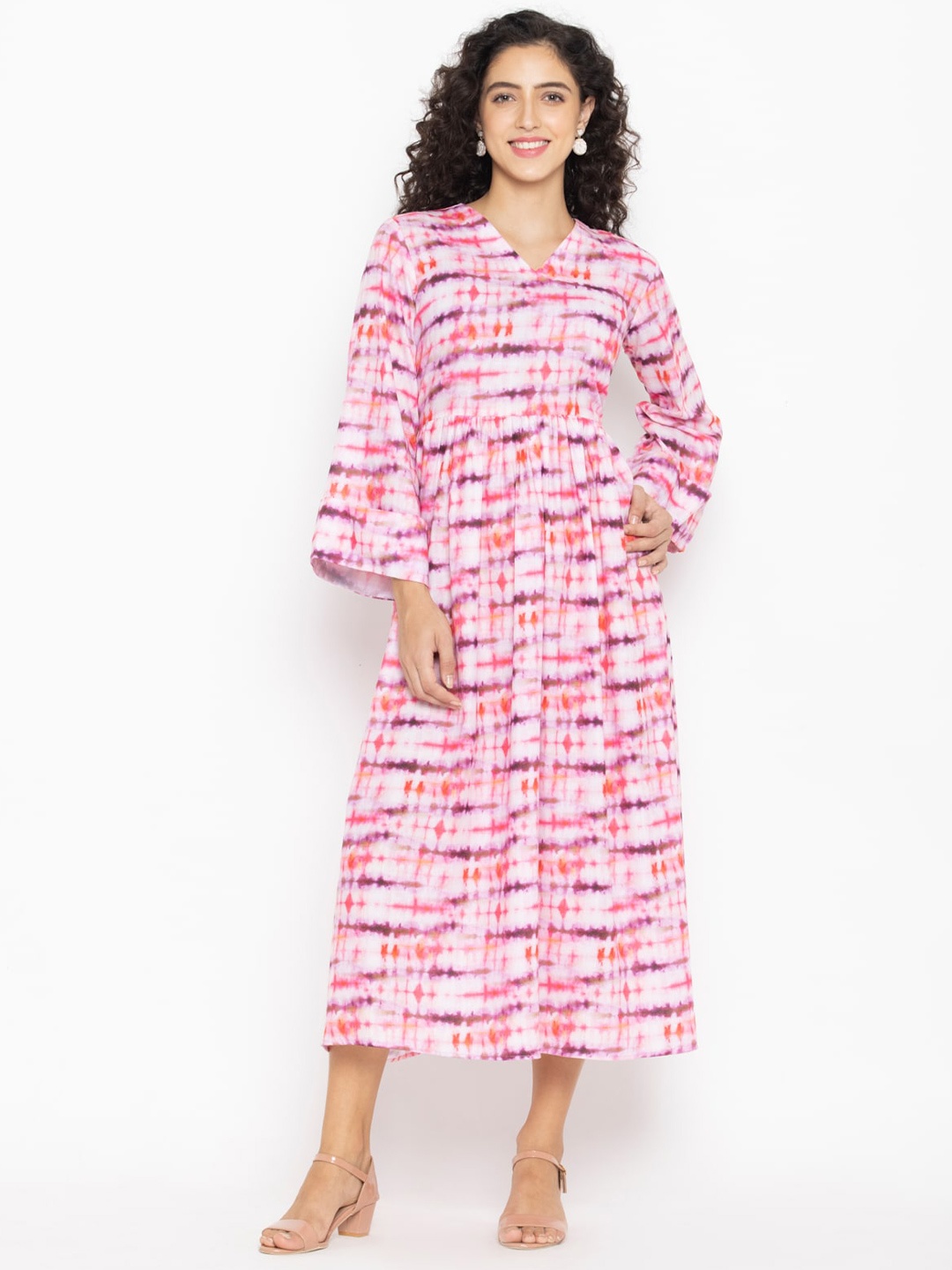 

OCTICS Abstract Printed A-Line Cotton Midi Dress, Pink