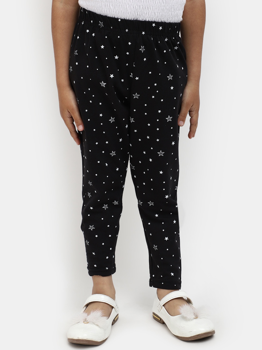 

V-Mart Girls Printed Cotton Lycra Ankle-Length Leggings, Black