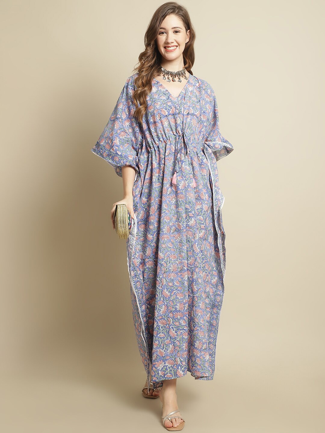 

Secret Wish Floral Printed Pure Cotton Maxi Kaftan Nightdress, Blue