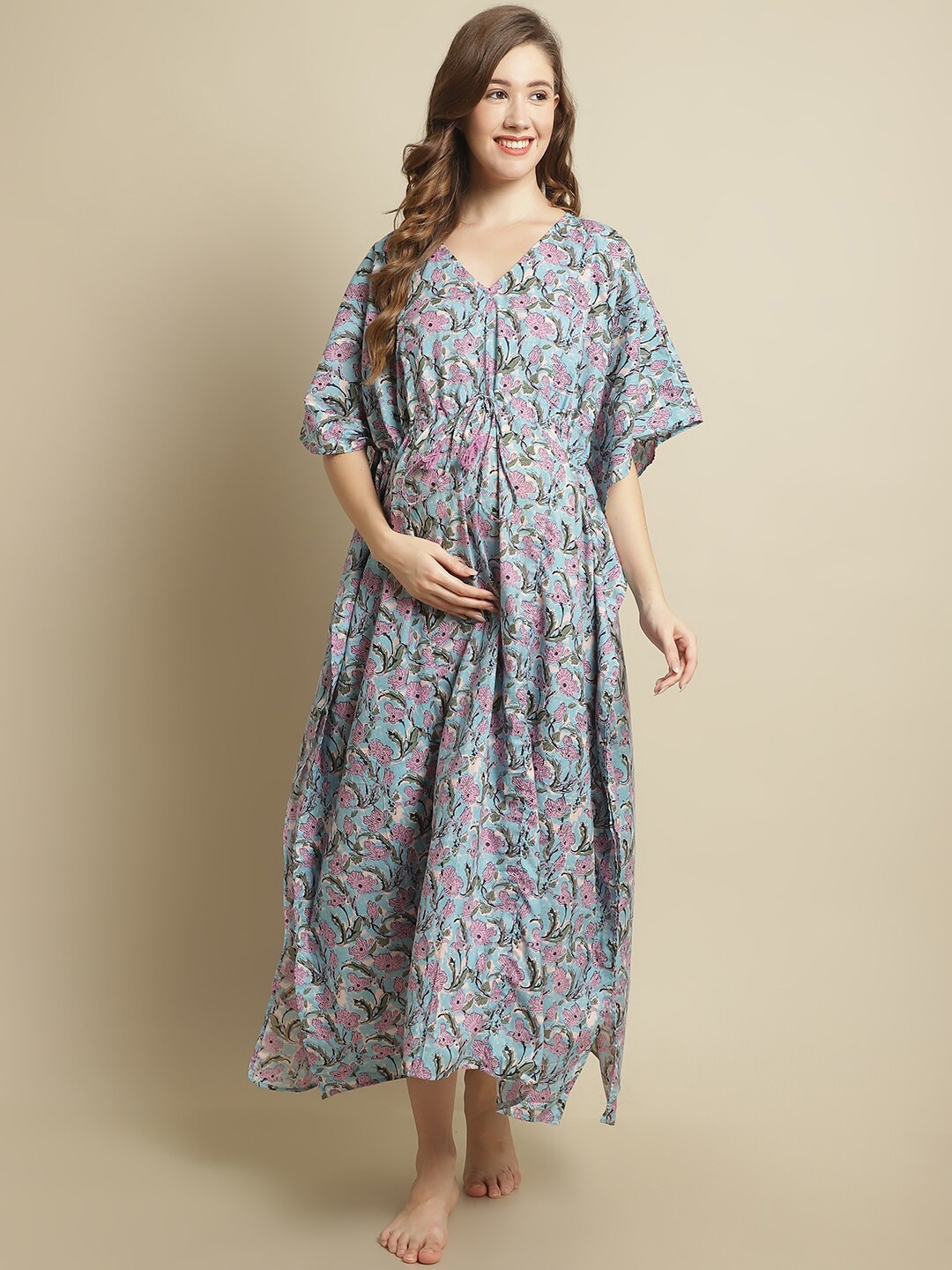 

Secret WishSanganeri Floral Printed Pure Cotton Maternity Kaftan Nightdress, Blue