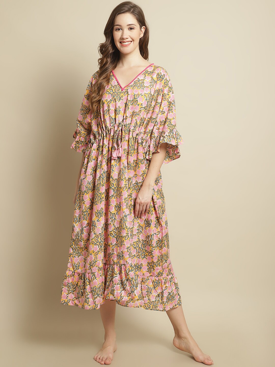 

Secret Wish Floral Printed Pure Cotton Maxi Kaftan Nightdress, Yellow