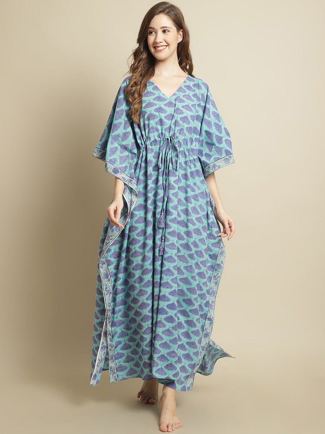 

Secret Wish Ethnic Motifs Printed Pure Cotton Maxi Kaftan Nightdress, Blue