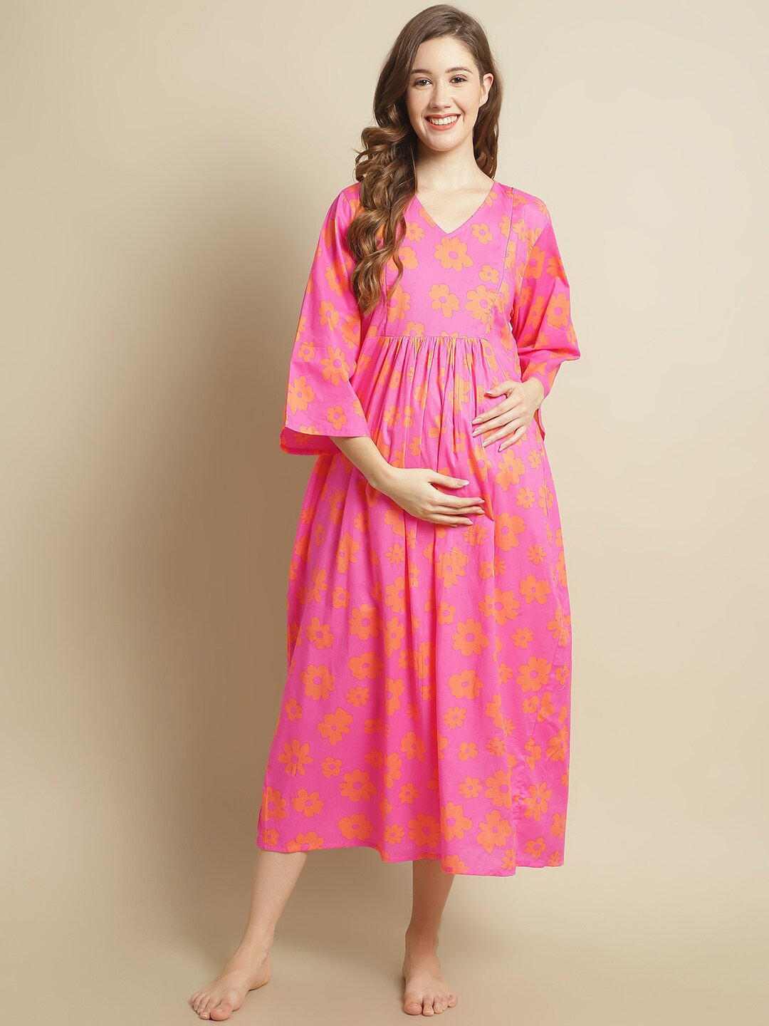 

Secret Wish Floral Printed Pure Cotton Maxi Kaftan Nightdress, Pink
