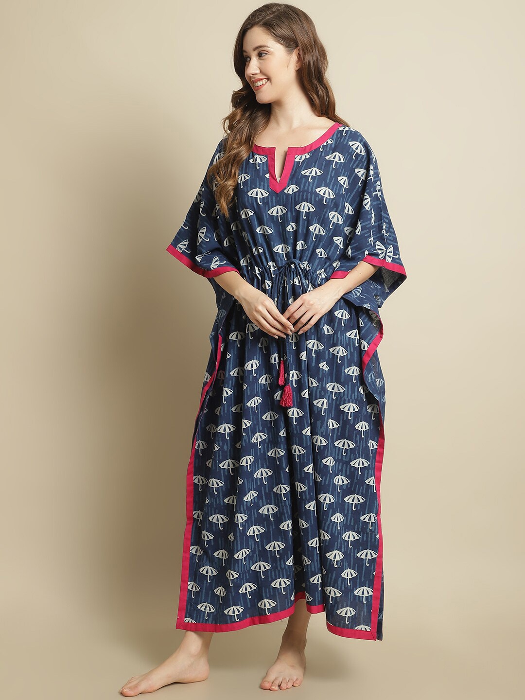 

Secret Wish Conversational Printed Pure Cotton Maxi Kaftan Nightdress, Navy blue