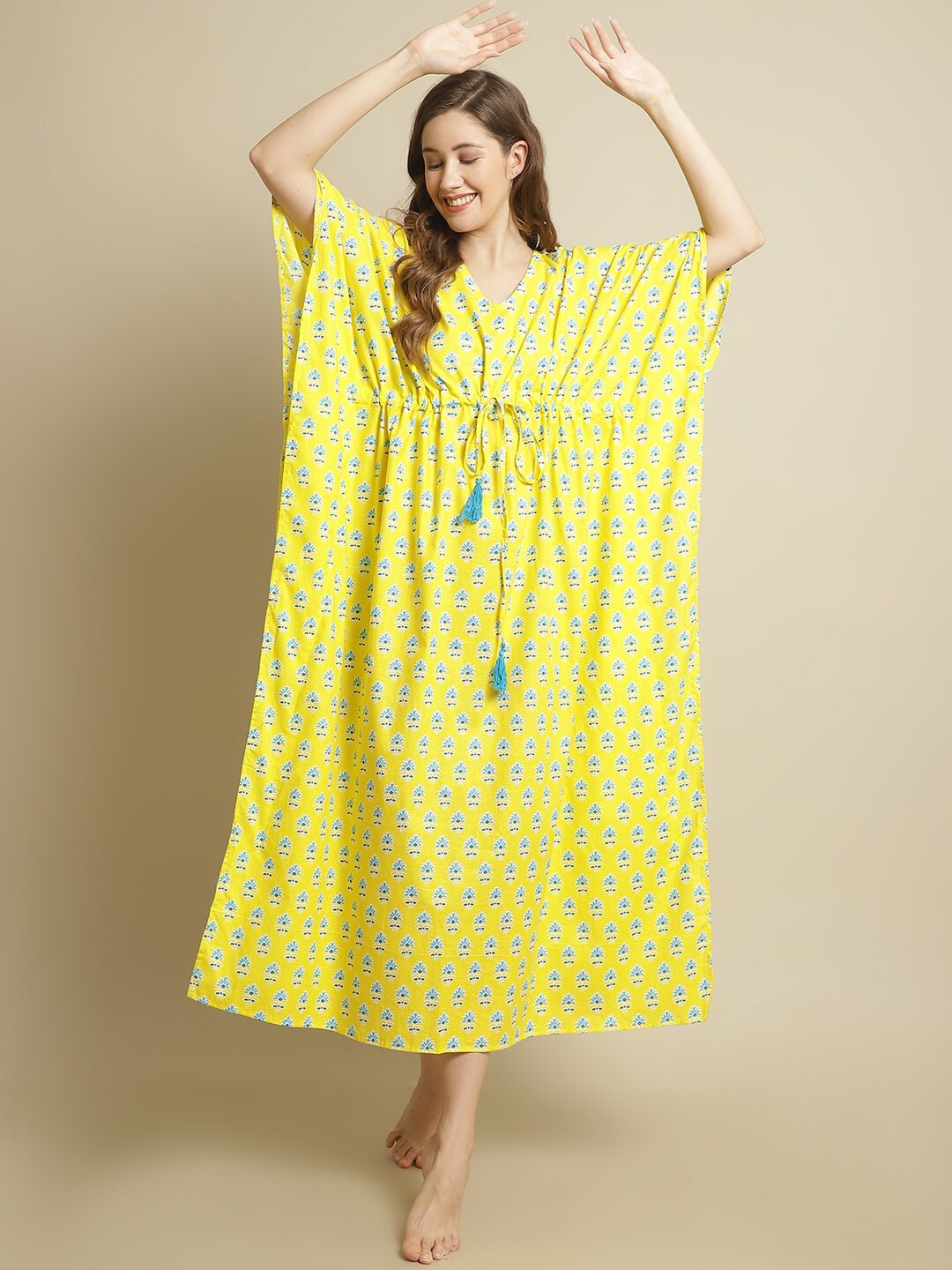 

Secret Wish Floral Motifs Printed Pure Cotton Kaftan Nightdress, Yellow