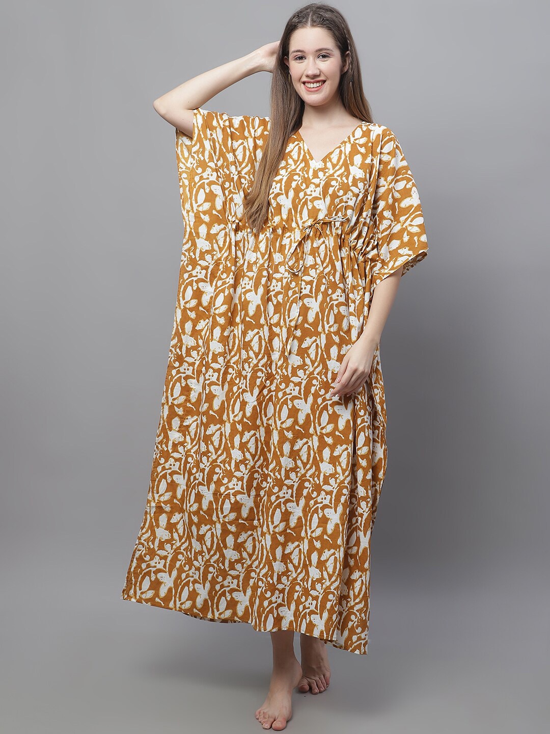 

Secret Wish Floral Printed Pure Cotton Kaftan Nightdress, Mustard