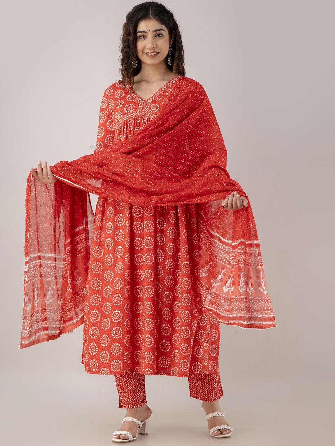 

FASHION DEPTH Ethnic Motifs Printed Bead Work Pure Cotton Kurta with Trousers & Dupatta, Orange