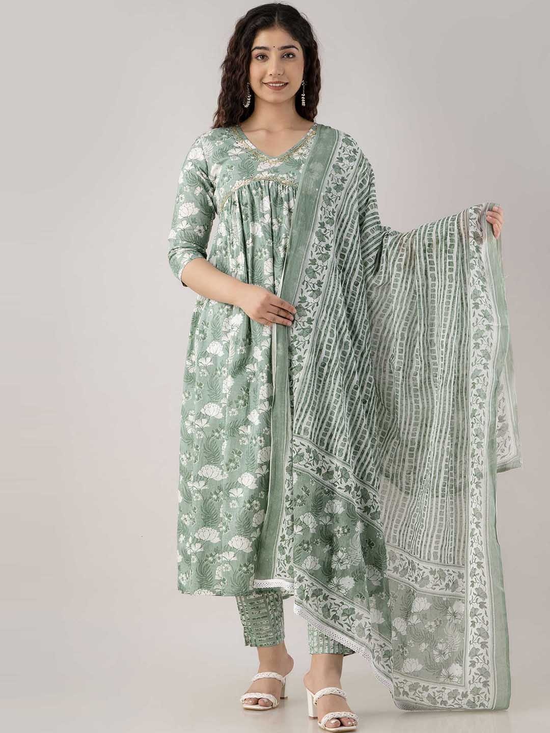 

FASHION DEPTH Floral Printed Mirror Work Pure Cotton Kurta with Trousers & With Dupatta, Green