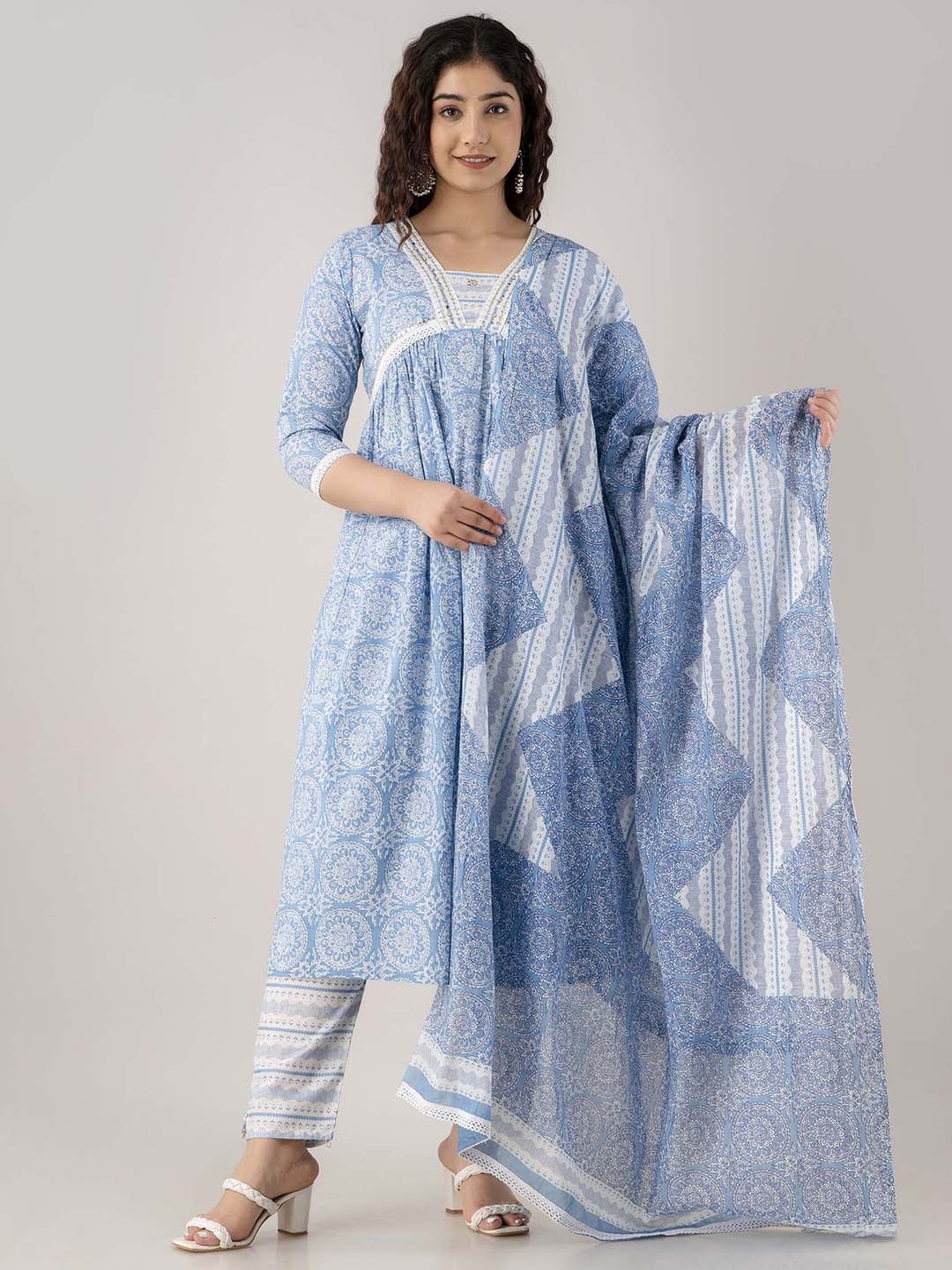 

FASHION DEPTH Floral Printed Mirror Work Pure Cotton Kurta with Trousers & With Dupatta, Blue