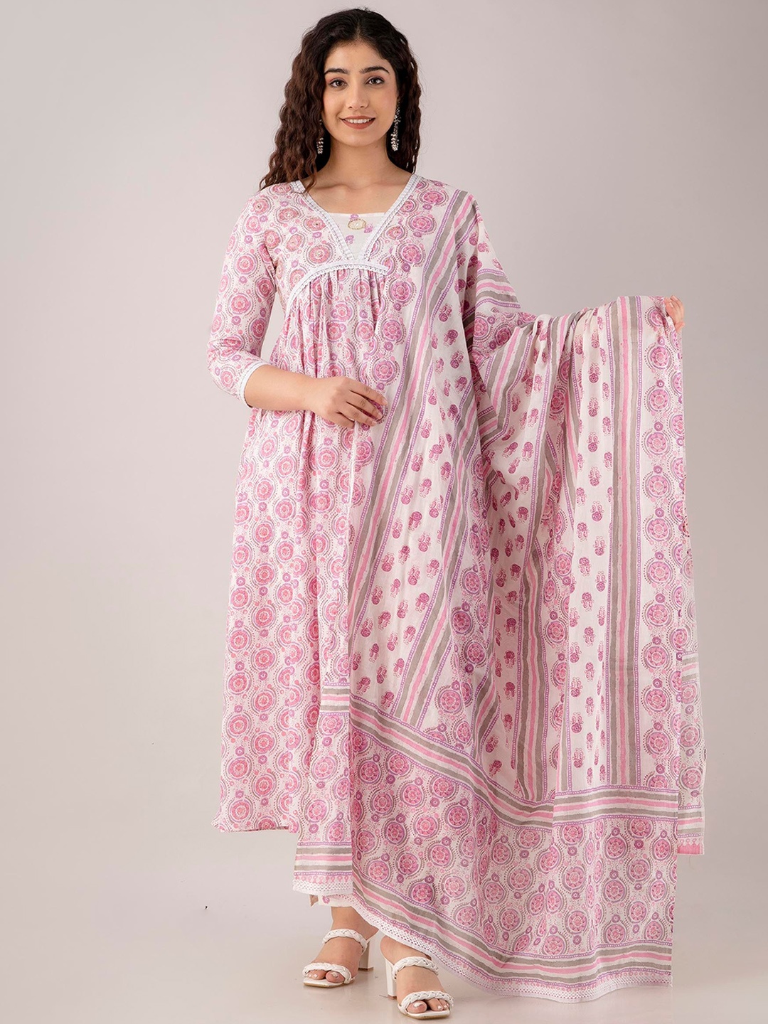 

FASHION DEPTH Floral Printed Mirror Work Pure Cotton Kurta with Trousers & Dupatta, Pink