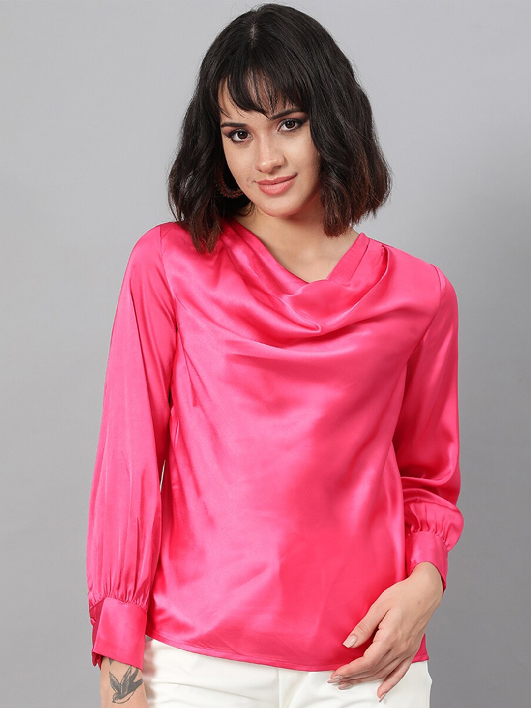

Kotty Pink Cowl Neck Cuffed Sleeve Satin Regular Top