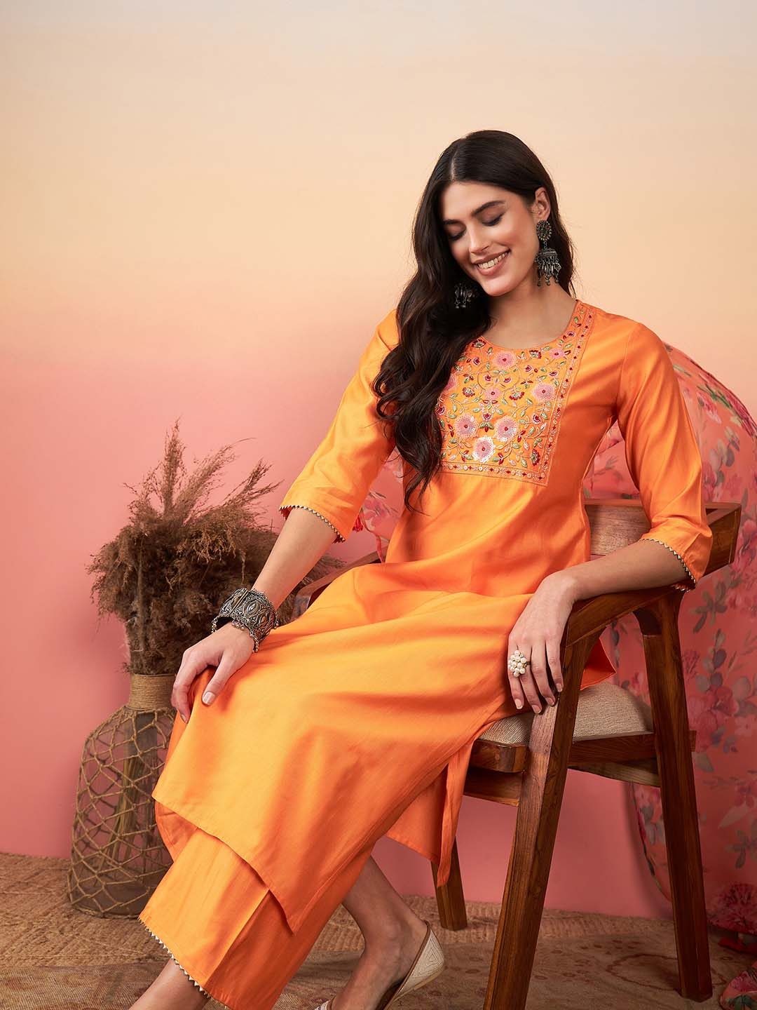 

Indo Era Women Floral Yoke Design Regular Sequinned Liva Kurta with Trousers & Dupatta, Orange