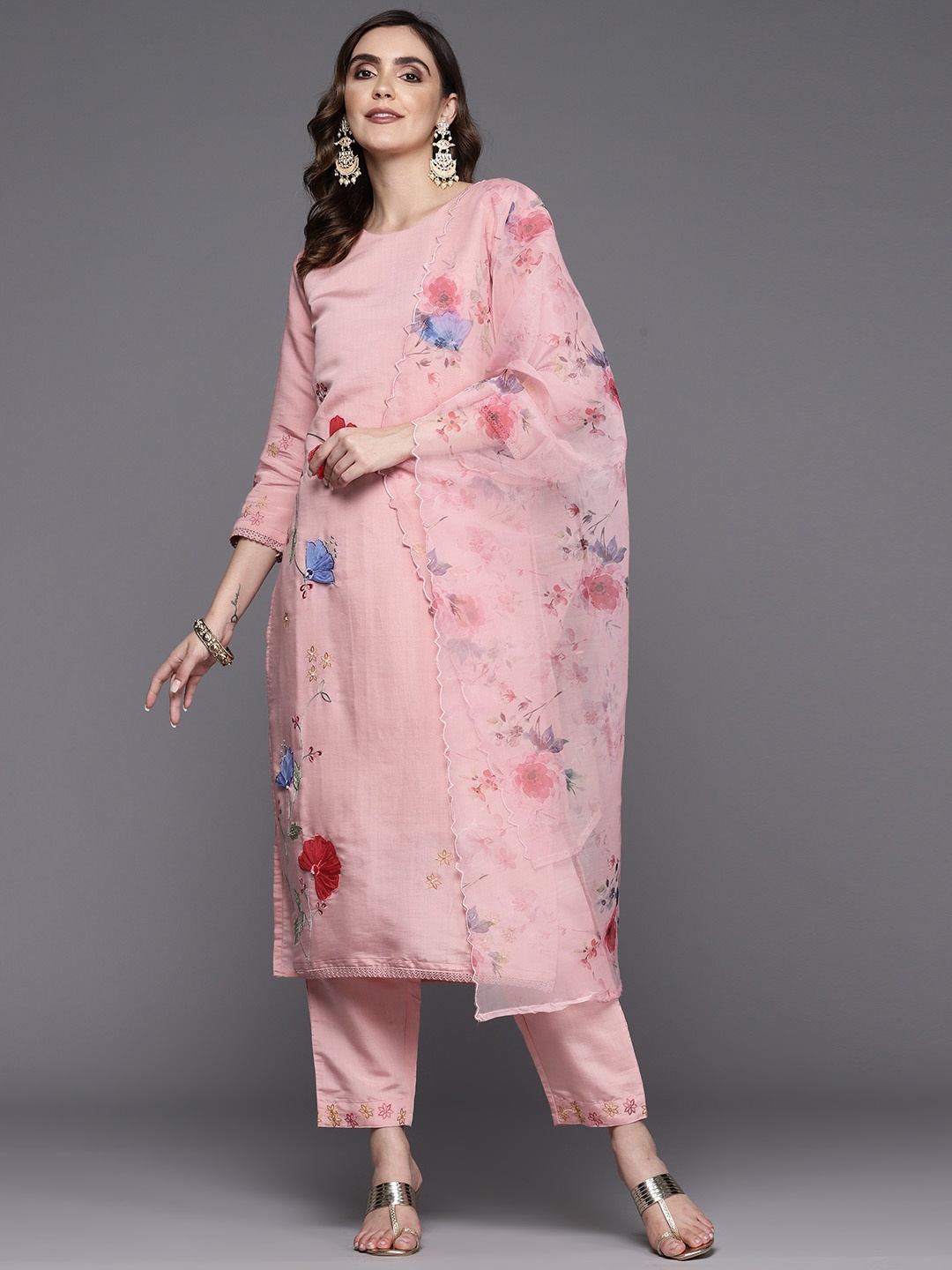 

Indo Era Women Floral Embroidered Regular Kurta with Trousers & With Dupatta, Pink
