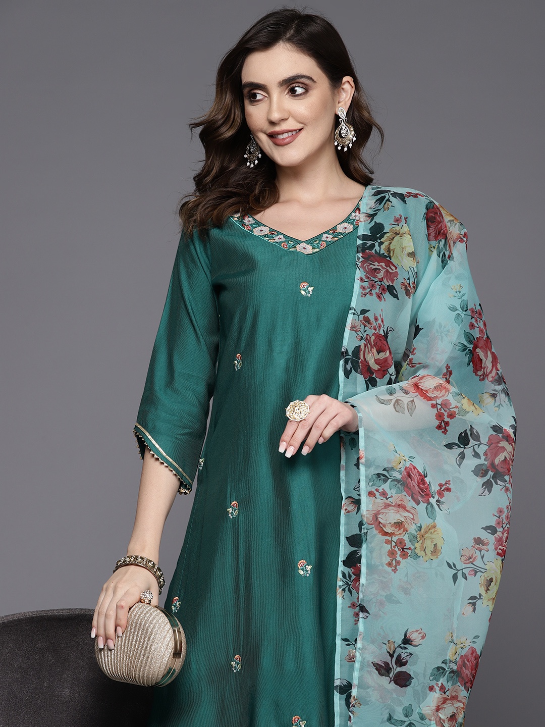 

Indo Era Women Embroidered Sequinned Liva Kurta with Trousers & Dupatta, Teal