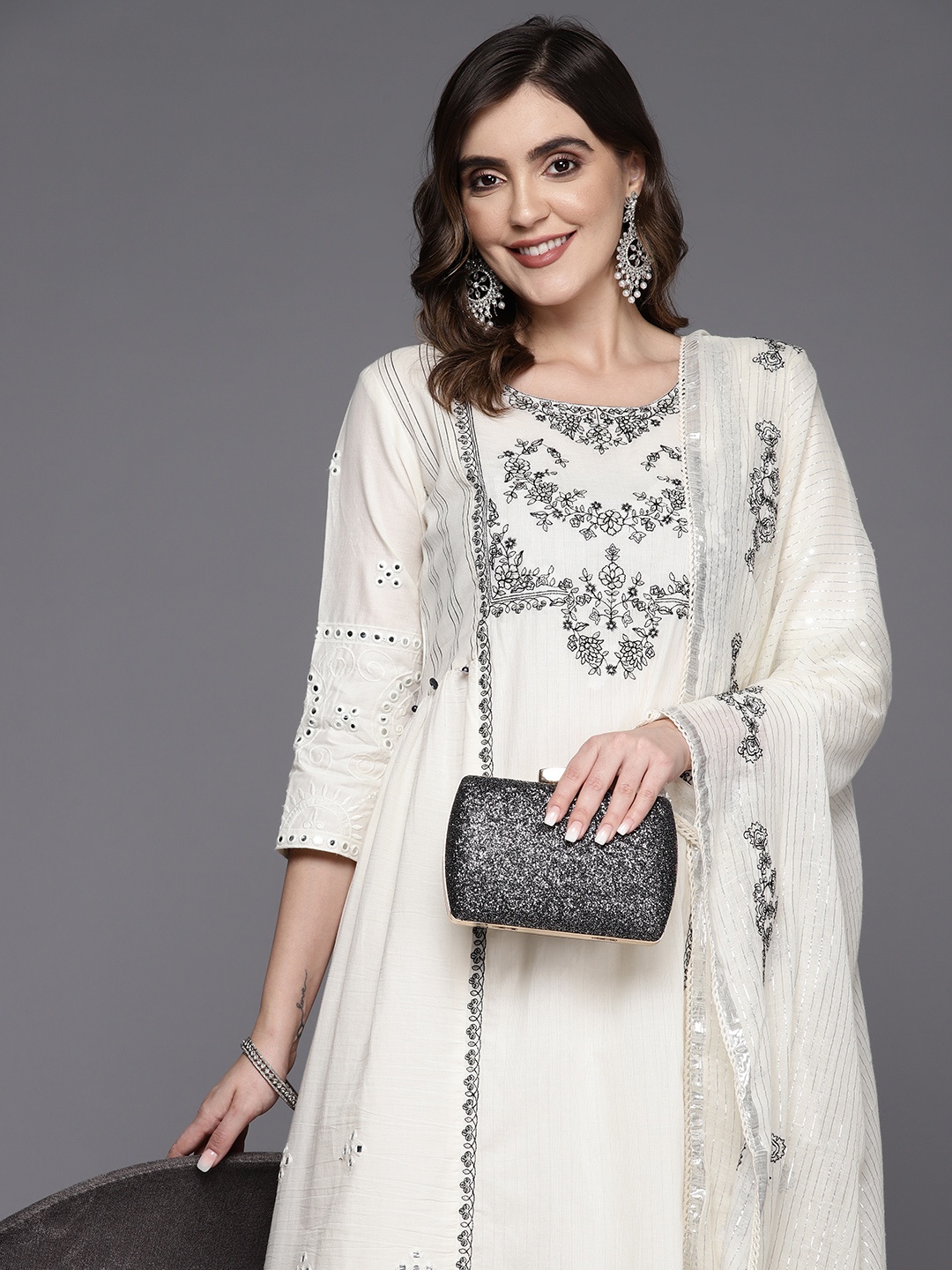 

Indo Era Women Embroidered Panelled Pure Cotton Kurta with Trousers & Dupatta, Off white