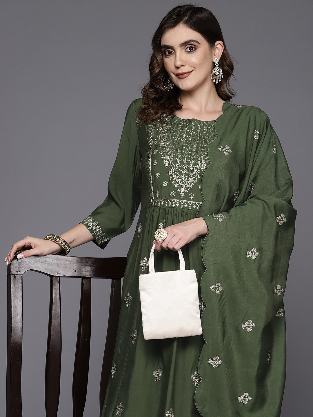 

Indo Era Women Embroidered Panelled Sequinned Kurta with Trousers & Dupatta, Green