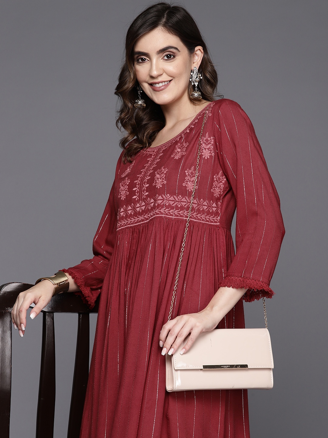 

Indo Era Ethnic Motifs Embroidered A-Line Midi Dress, Maroon