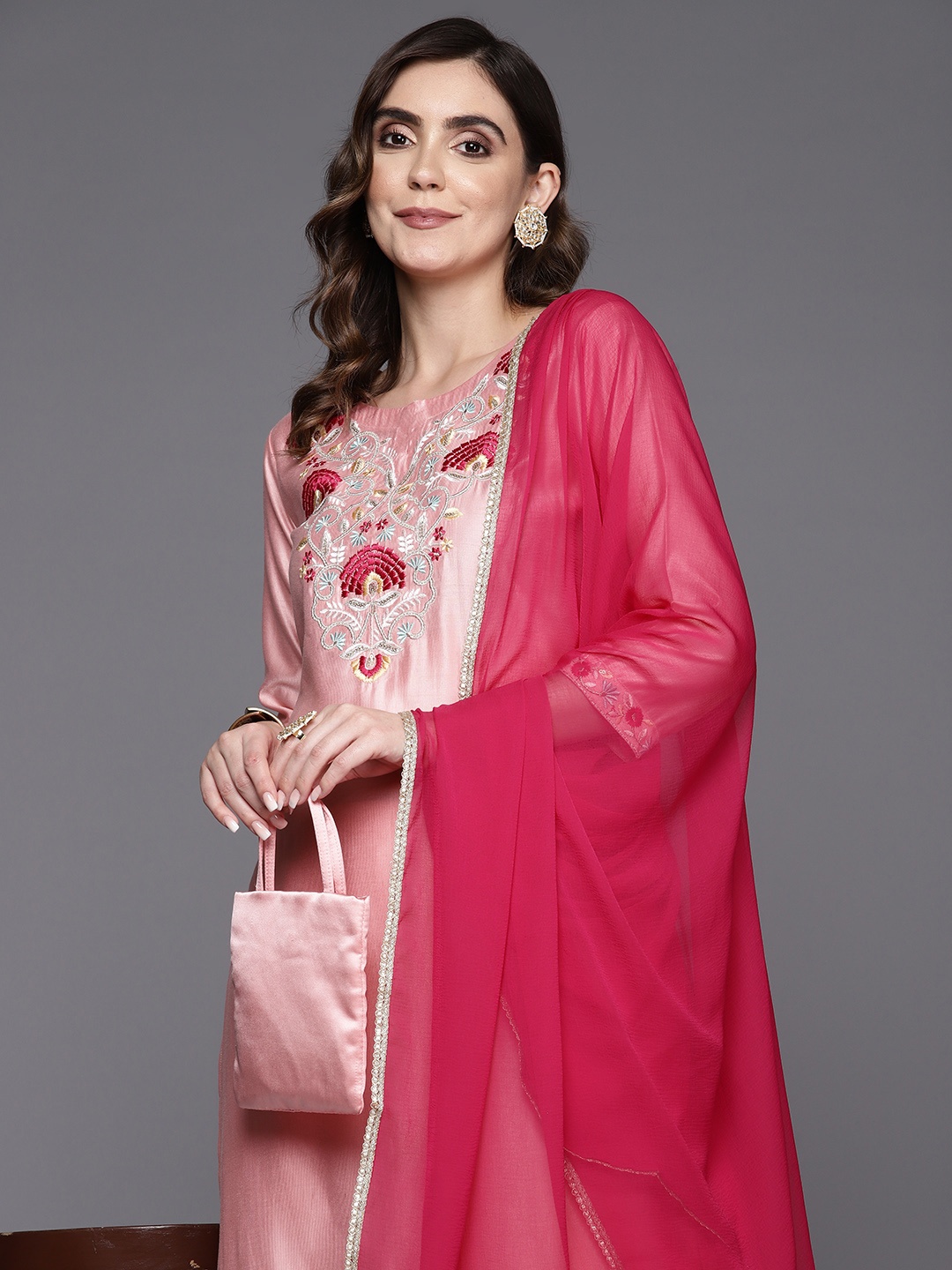 

Indo Era Women Embroidered Liva Kurta with Trousers & Dupatta, Pink
