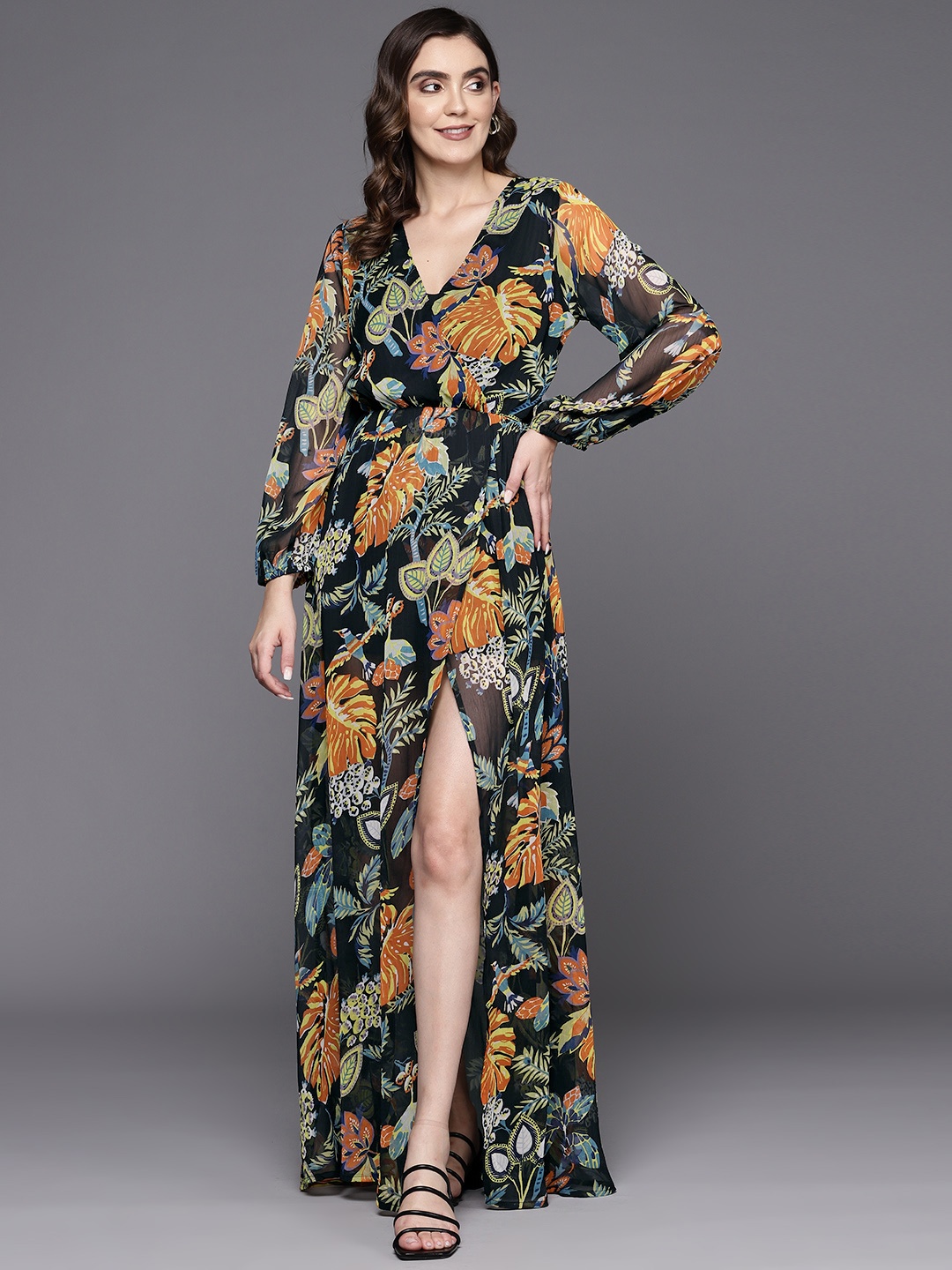 

Indo Era Tropical Print Puff Sleeve Georgette A-Line Maxi Dress, Black