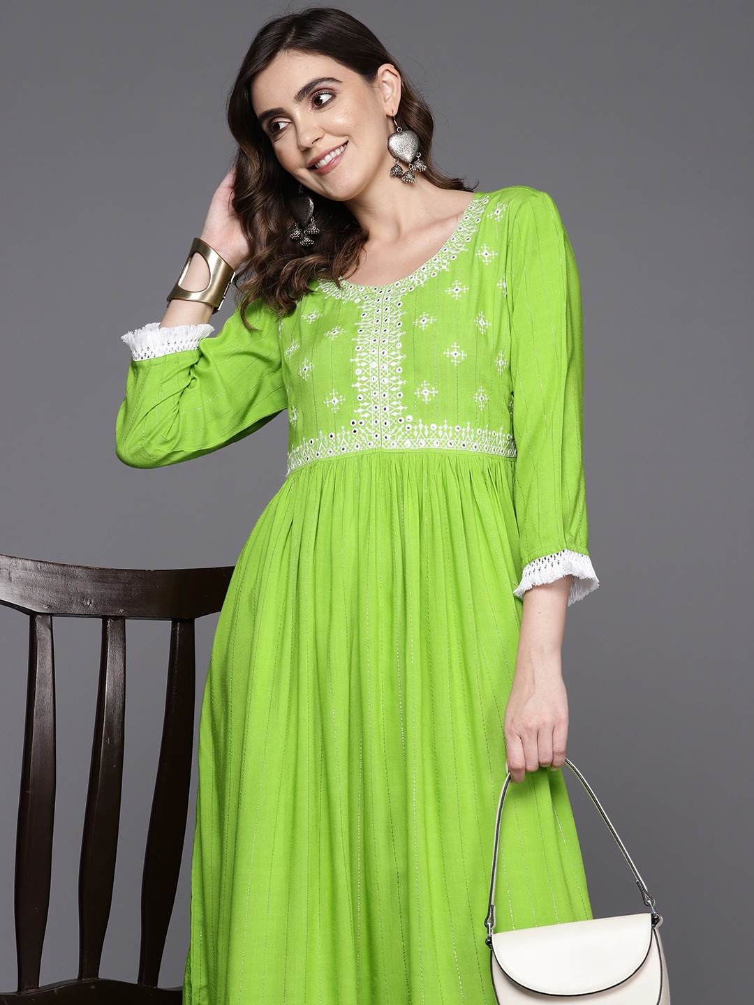 

Indo Era Embroidered A-Line Cotton Midi Dress, Fluorescent green