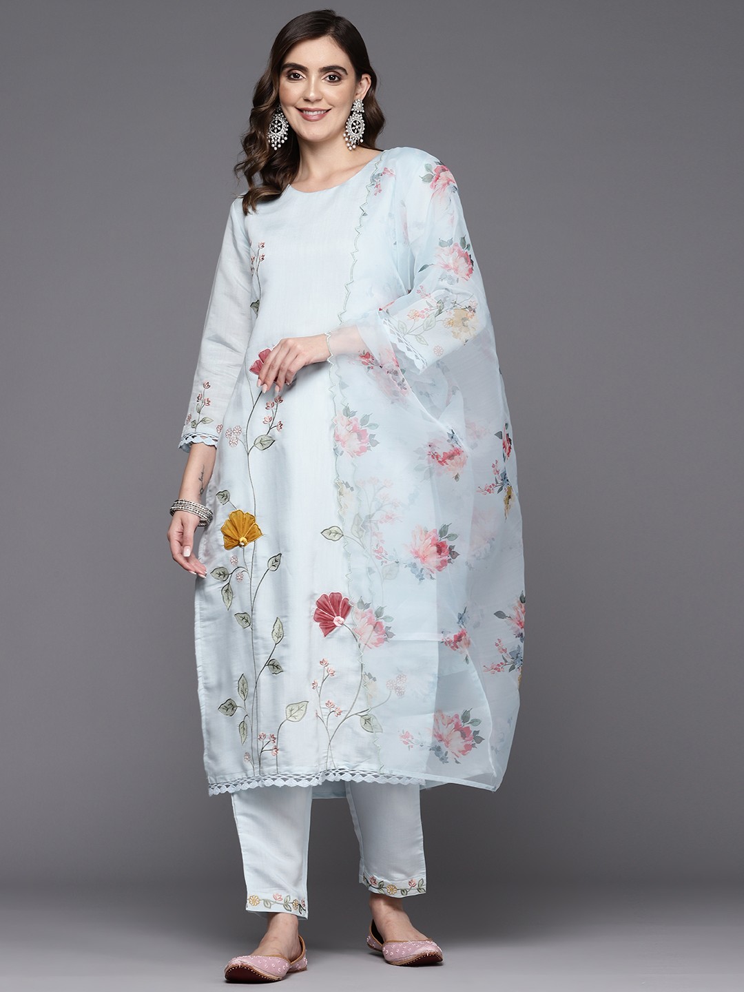 

Indo Era Women Embroidered Patchwork Kurta with Trousers & Dupatta, Blue